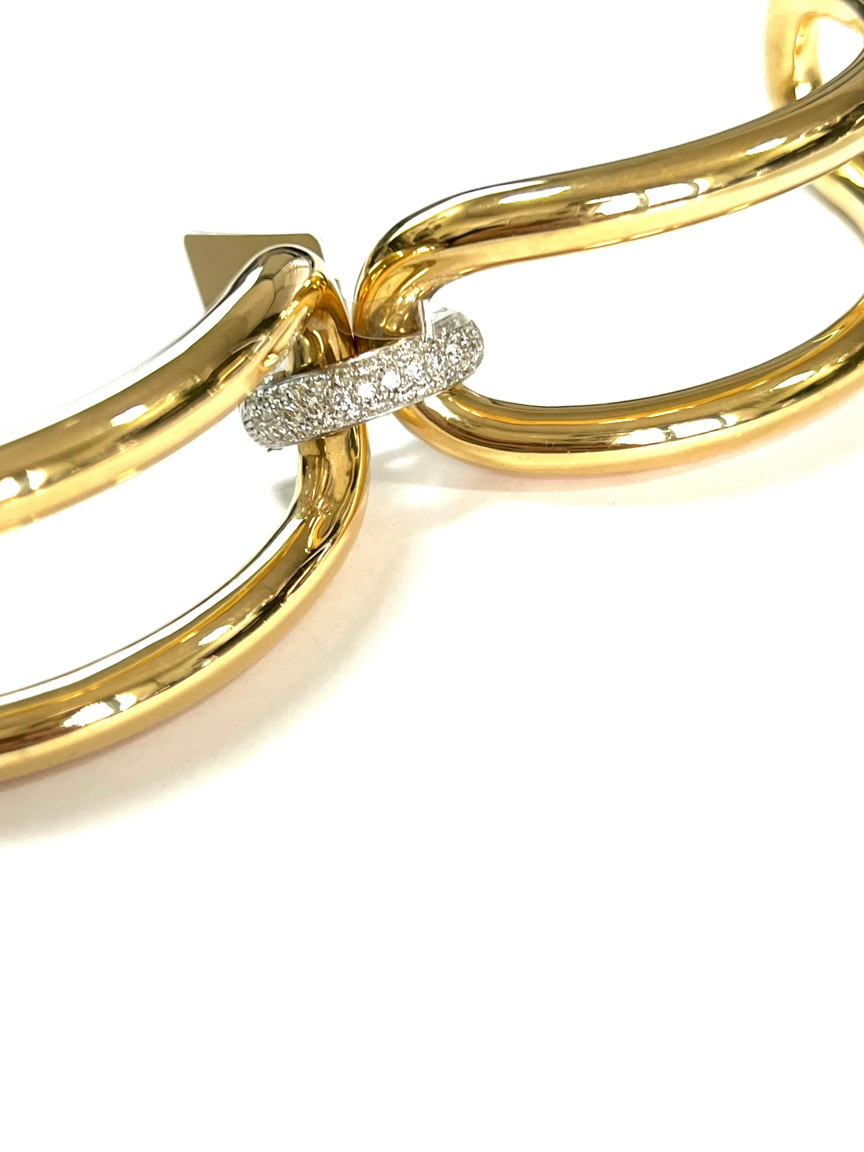 Women's Yellow 18k Gold Bangle with White Gold and Diamond Links For Sale