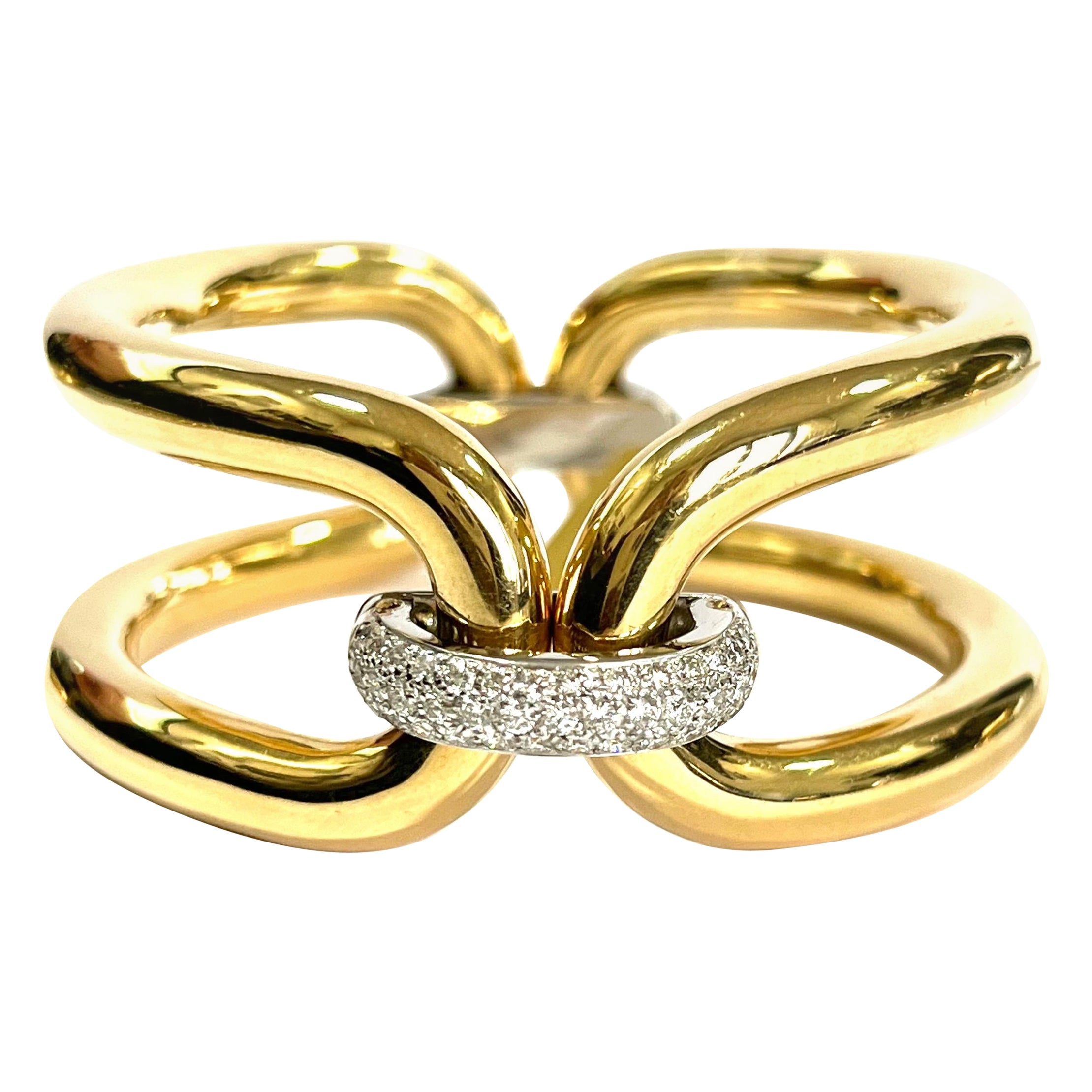 Yellow 18k Gold Bangle with White Gold and Diamond Links For Sale