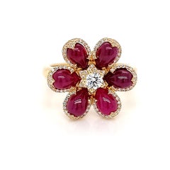 Yellow 18K Ring with White Diamonds and Rubies Flower Theme