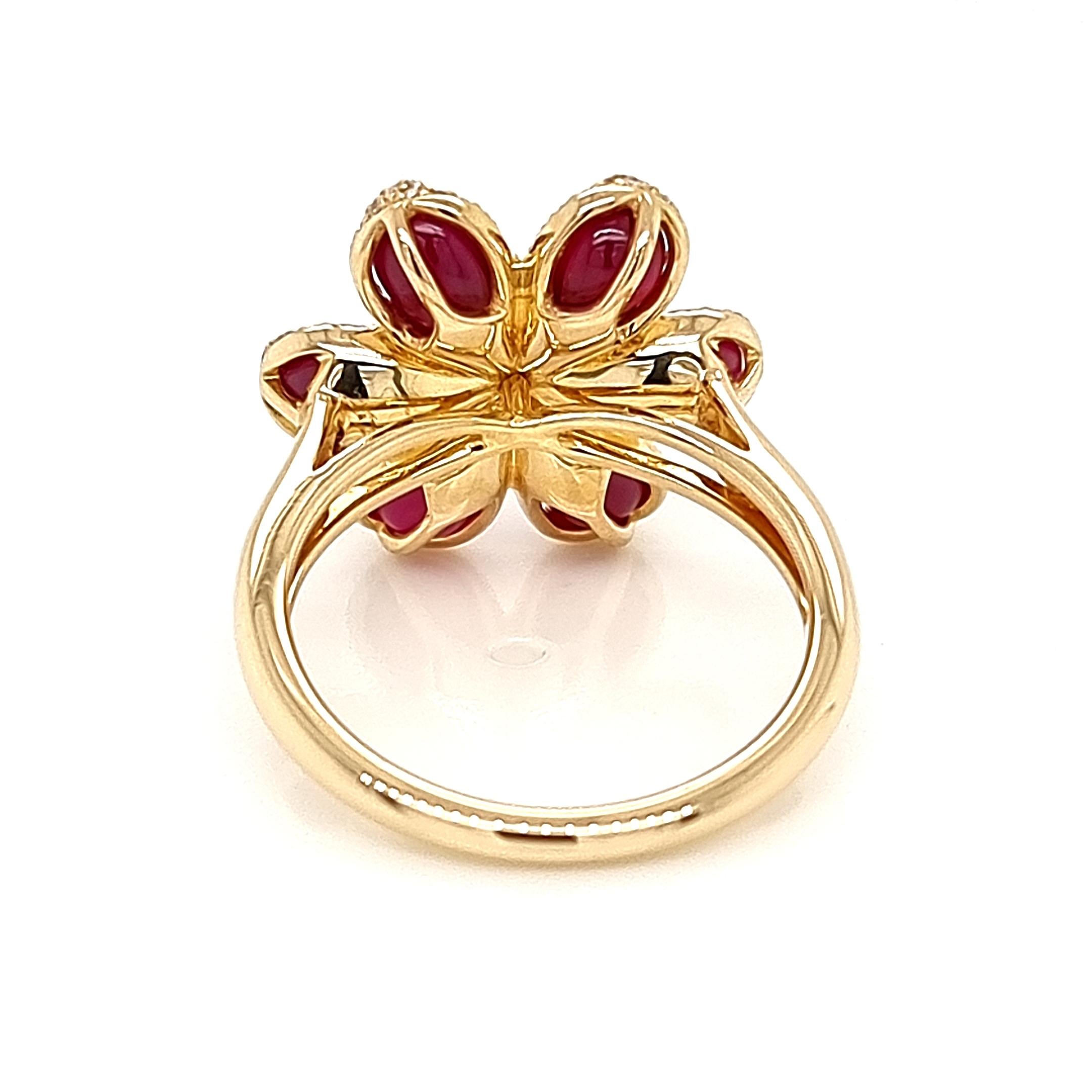 Women's Yellow 18K Ring with White Diamonds and Rubies Flower Theme For Sale