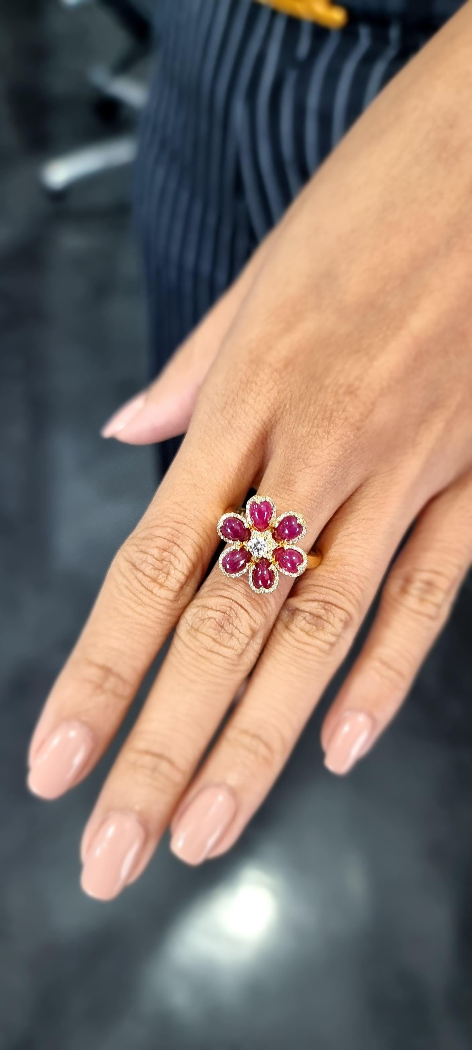 Yellow 18K Ring with White Diamonds and Rubies Flower Theme For Sale 1