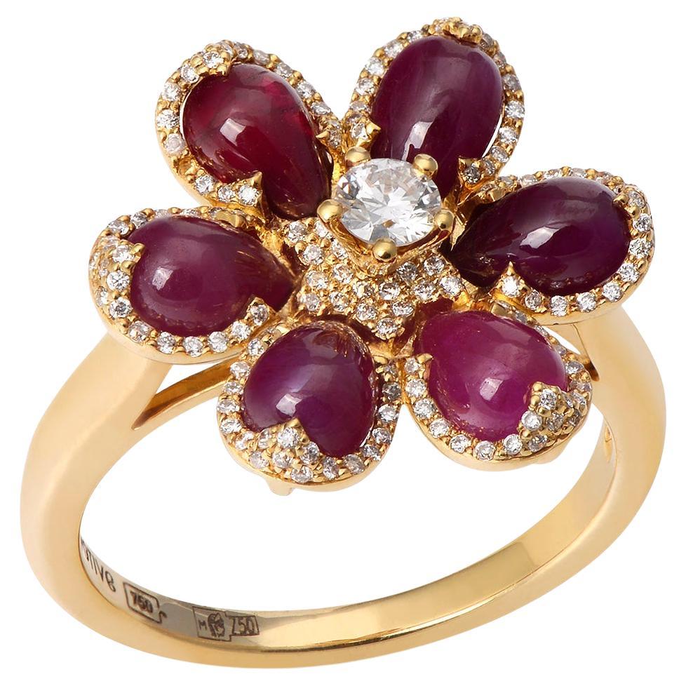Yellow 18K Ring with White Diamonds and Rubies Flower Theme For Sale
