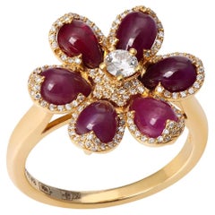 Yellow 18K Ring with White Diamonds and Rubies Flower Theme