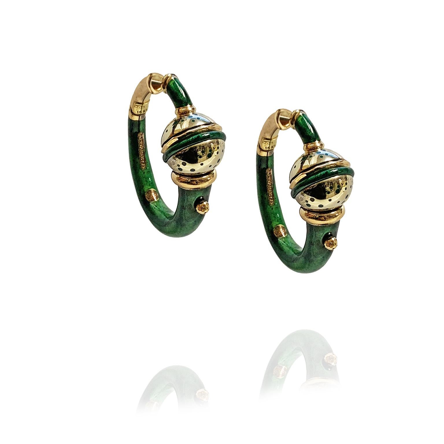 Art Nouveau Yellow 18 Karat Gold and Green Enameled Earrings