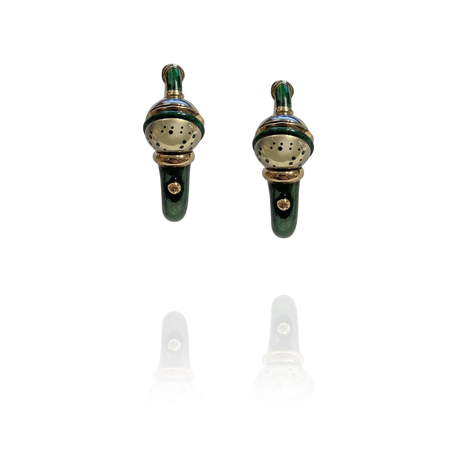 Yellow 18 Karat Gold and Green Enameled Earrings In New Condition In Milano, Lombardia