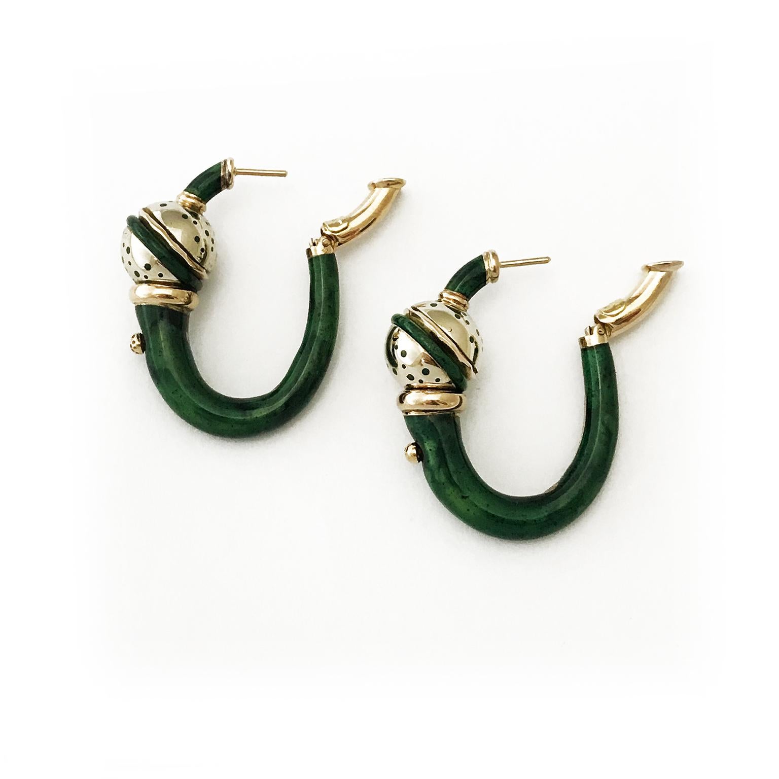 Women's or Men's Yellow 18 Karat Gold and Green Enameled Earrings