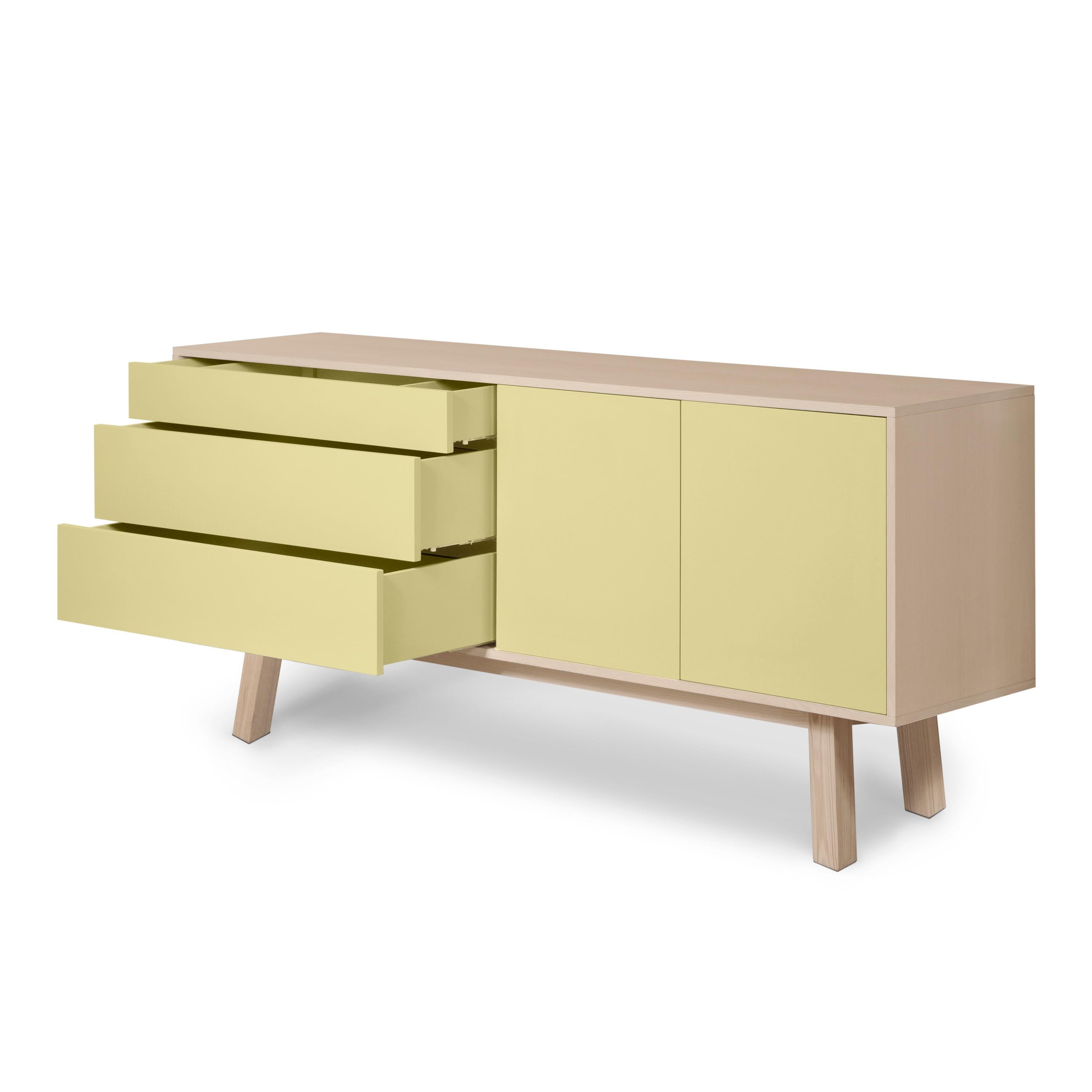 Scandinavian Modern Yellow Higher Sideboard with doors and drawers designed in Paris by E. Gizard For Sale