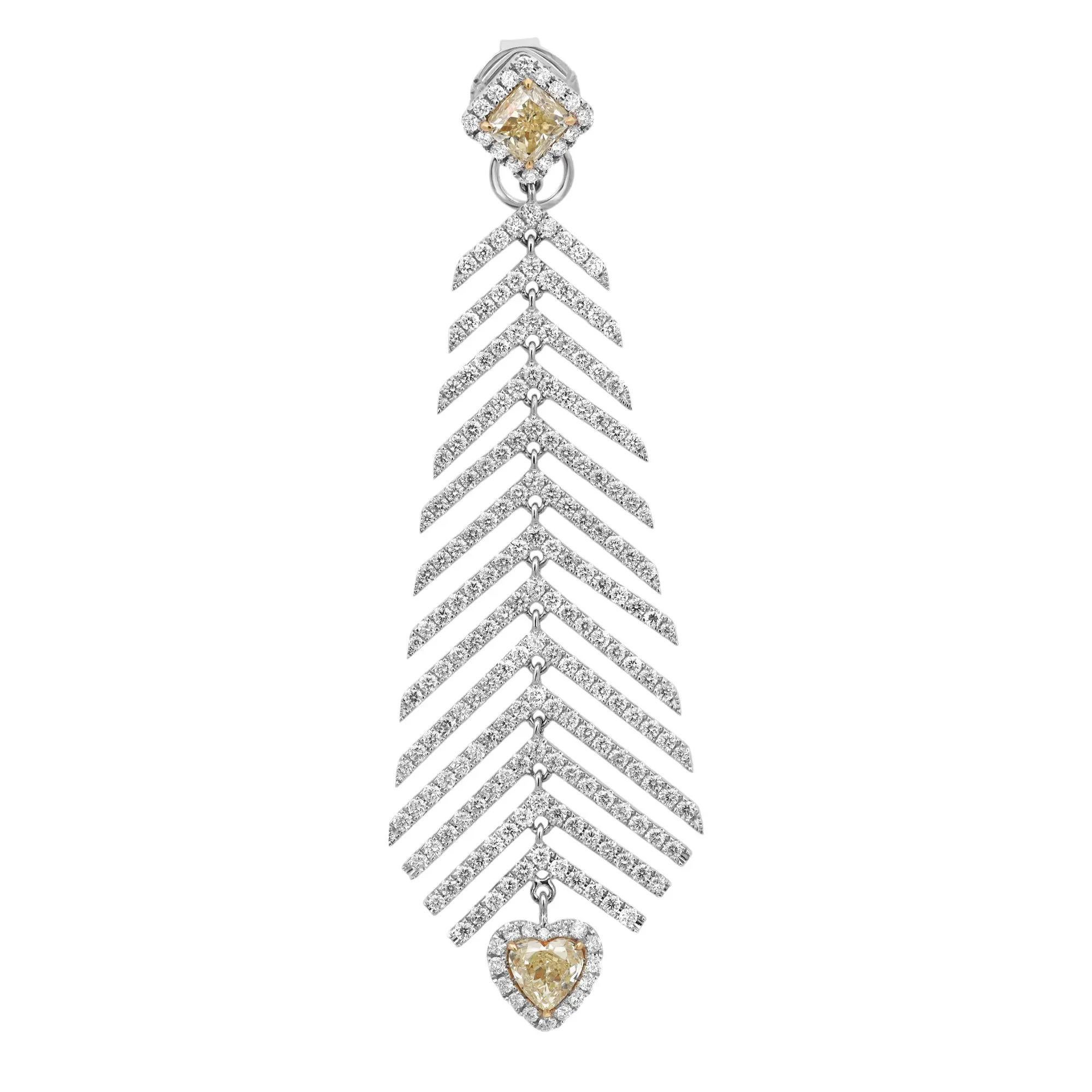 Moderne Boucles d'oreilles longues en or blanc 18K avec diamant naturel jaune 2.96Ctw et blanc 4.30Ctw en vente