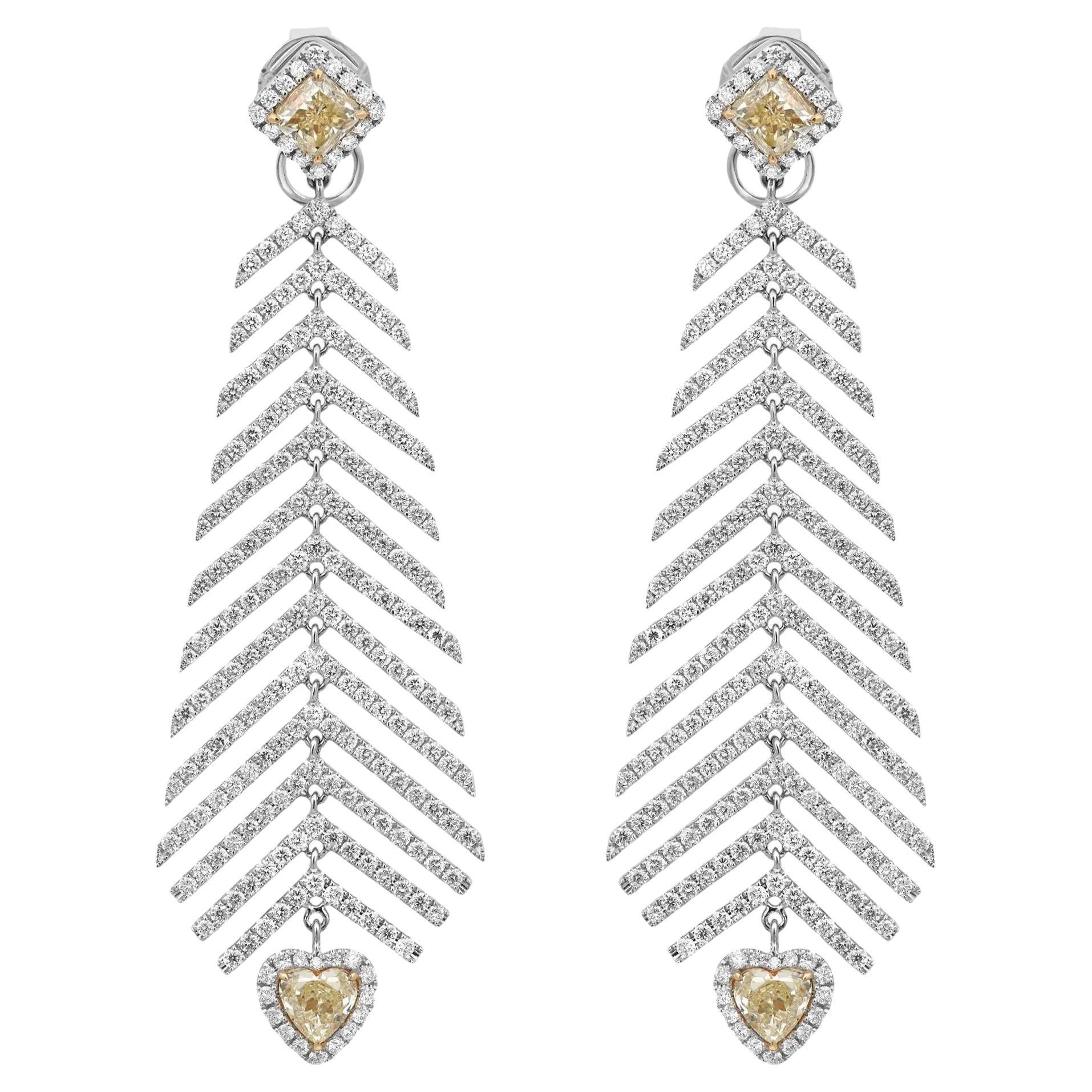Boucles d'oreilles longues en or blanc 18K avec diamant naturel jaune 2.96Ctw et blanc 4.30Ctw en vente