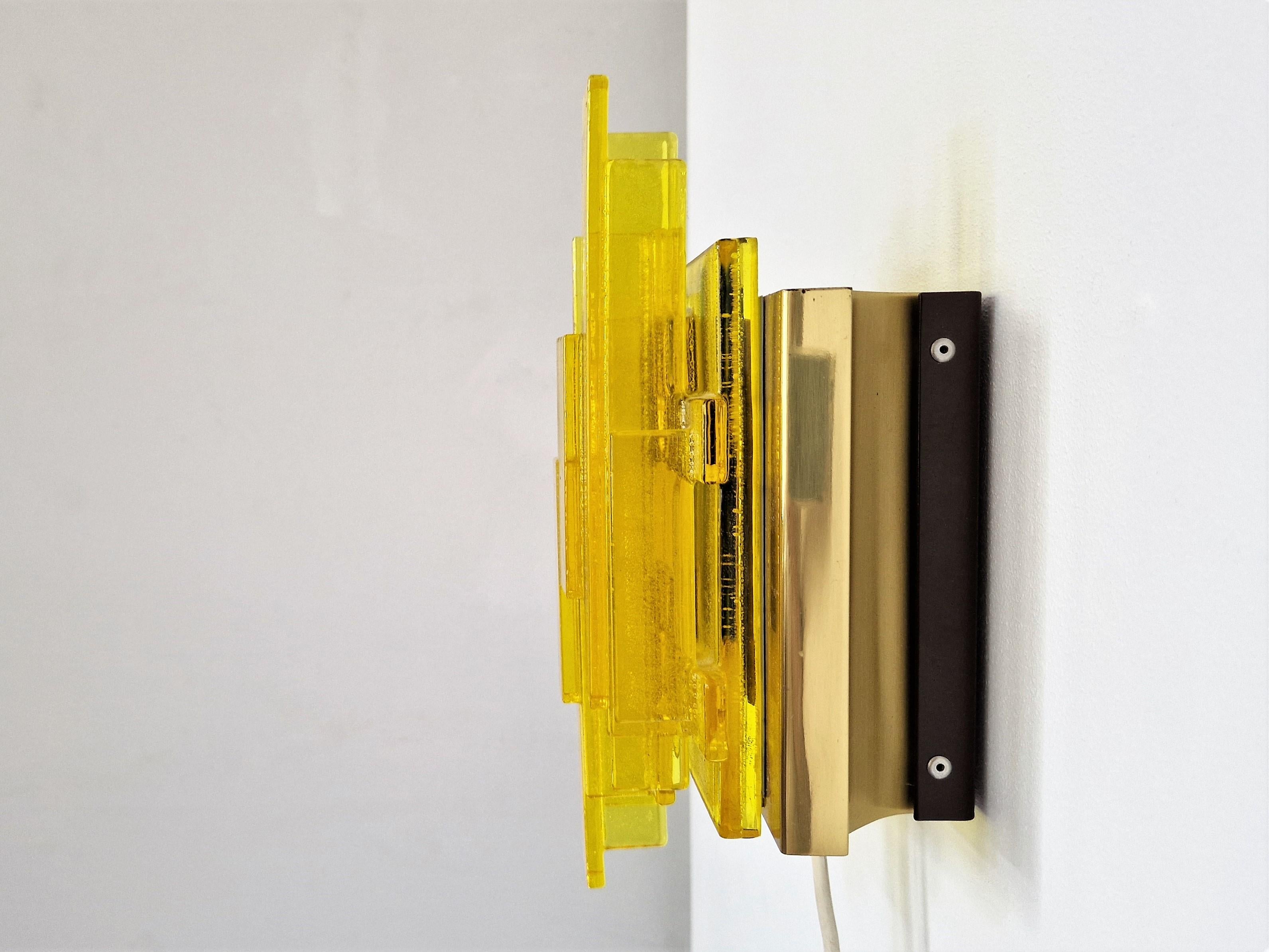 Mid-Century Modern Yellow Acrylic and Metal Wall Lamp by Claus Bolby for Cebo Industri For Sale