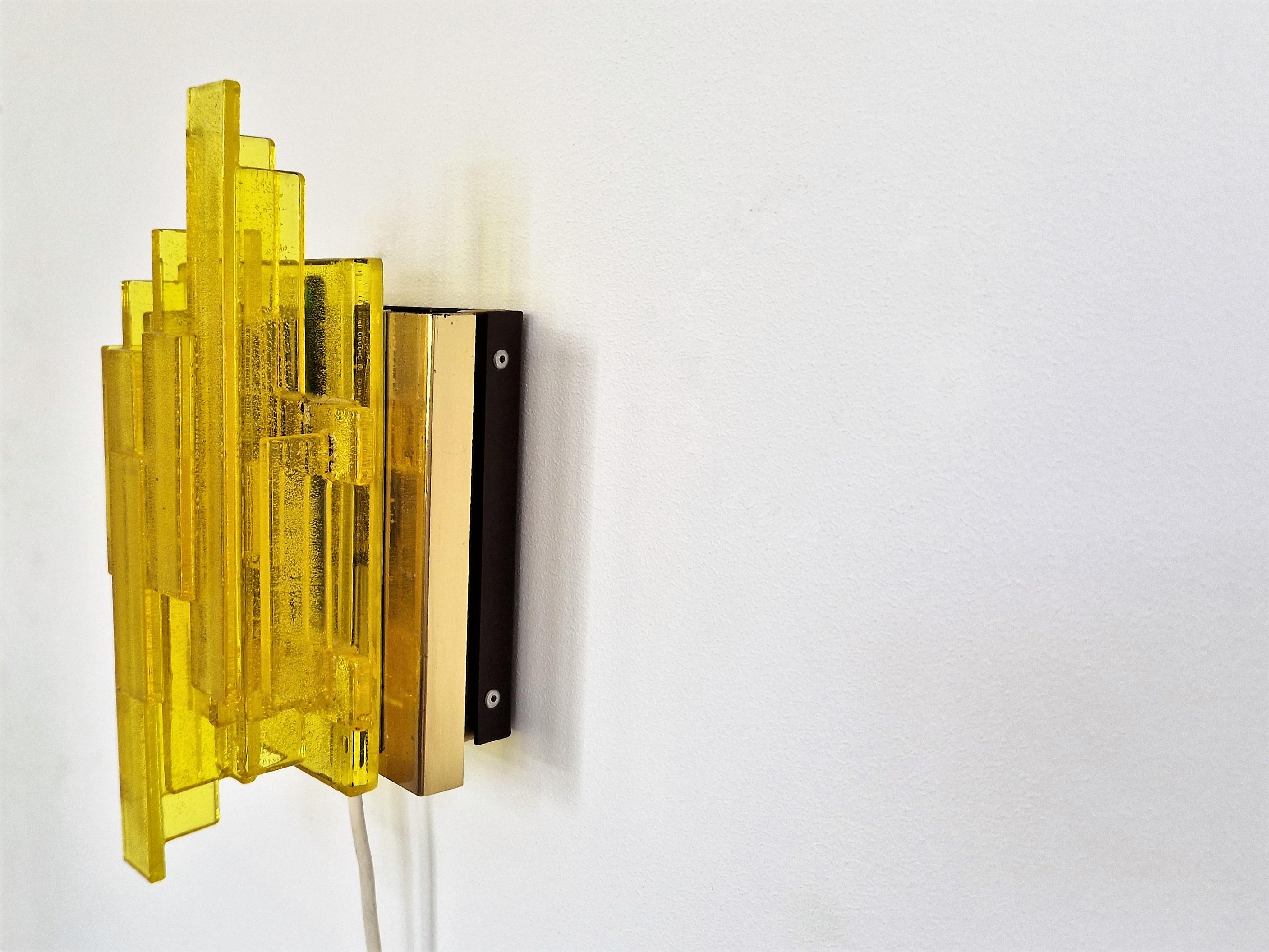 Danish Yellow Acrylic and Metal Wall Lamp by Claus Bolby for Cebo Industri For Sale