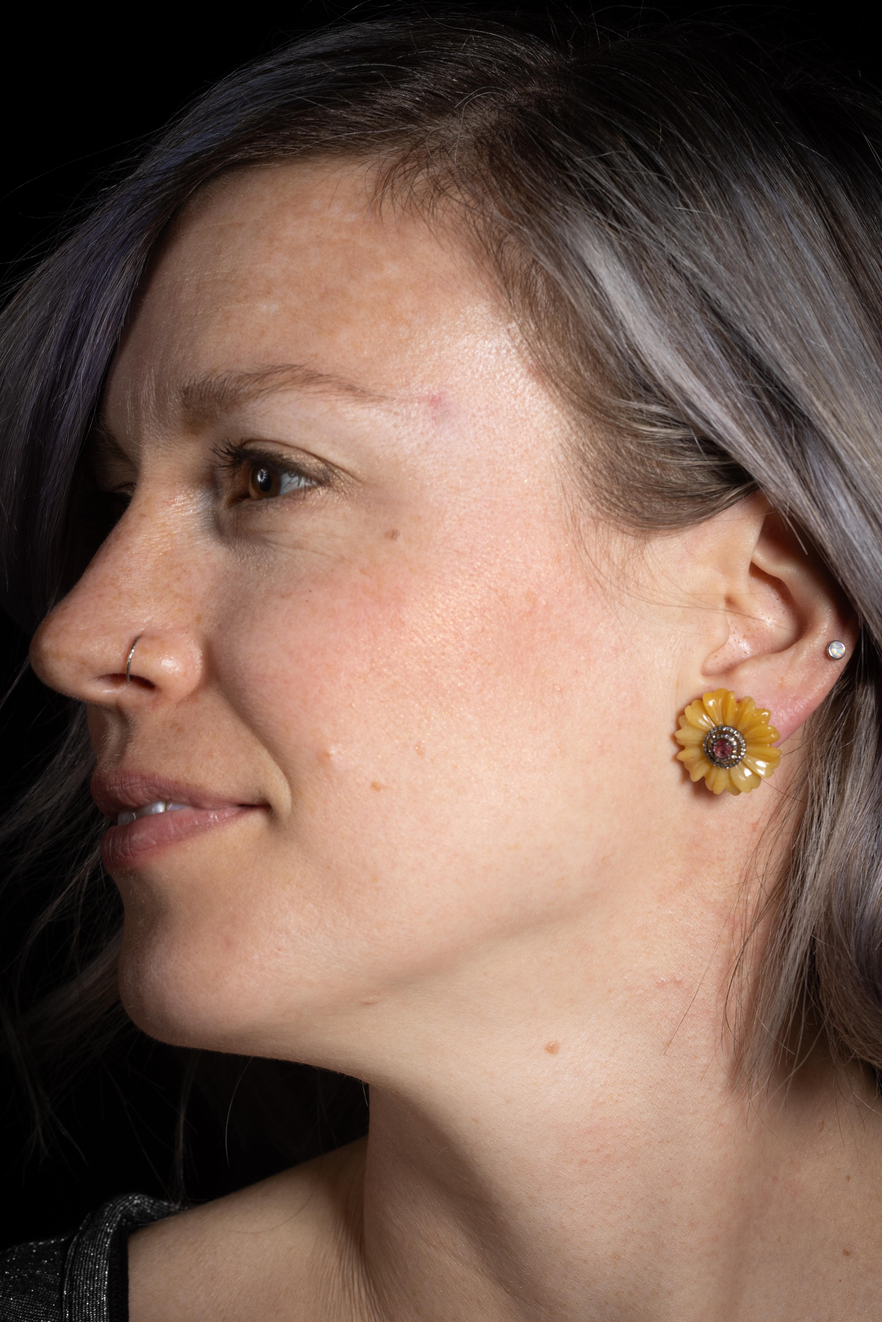 Yellow Agate, Pink Tourmaline and Diamond Stud Earrings In Excellent Condition For Sale In Nantucket, MA