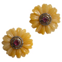 Yellow Agate, Pink Tourmaline and Diamond Stud Earrings