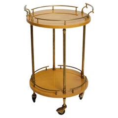 Aldo Tura Lacquered Goatskin Brass Bar Cart Trolley Creme, Italy 1950s