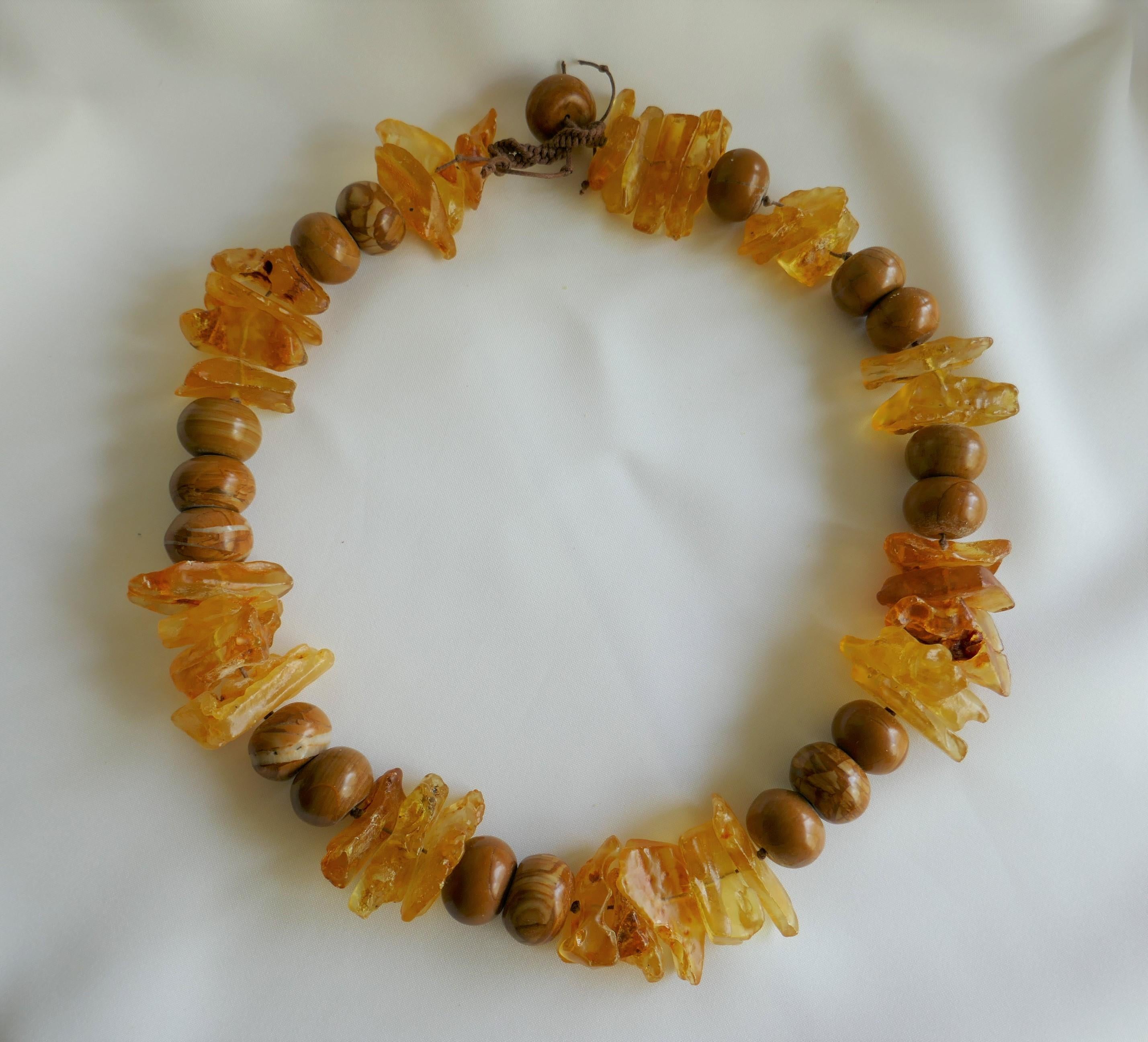 Yellow Amber Chunks Wood Line Jasper Gemstone Necklace In New Condition For Sale In Coral Gables, FL