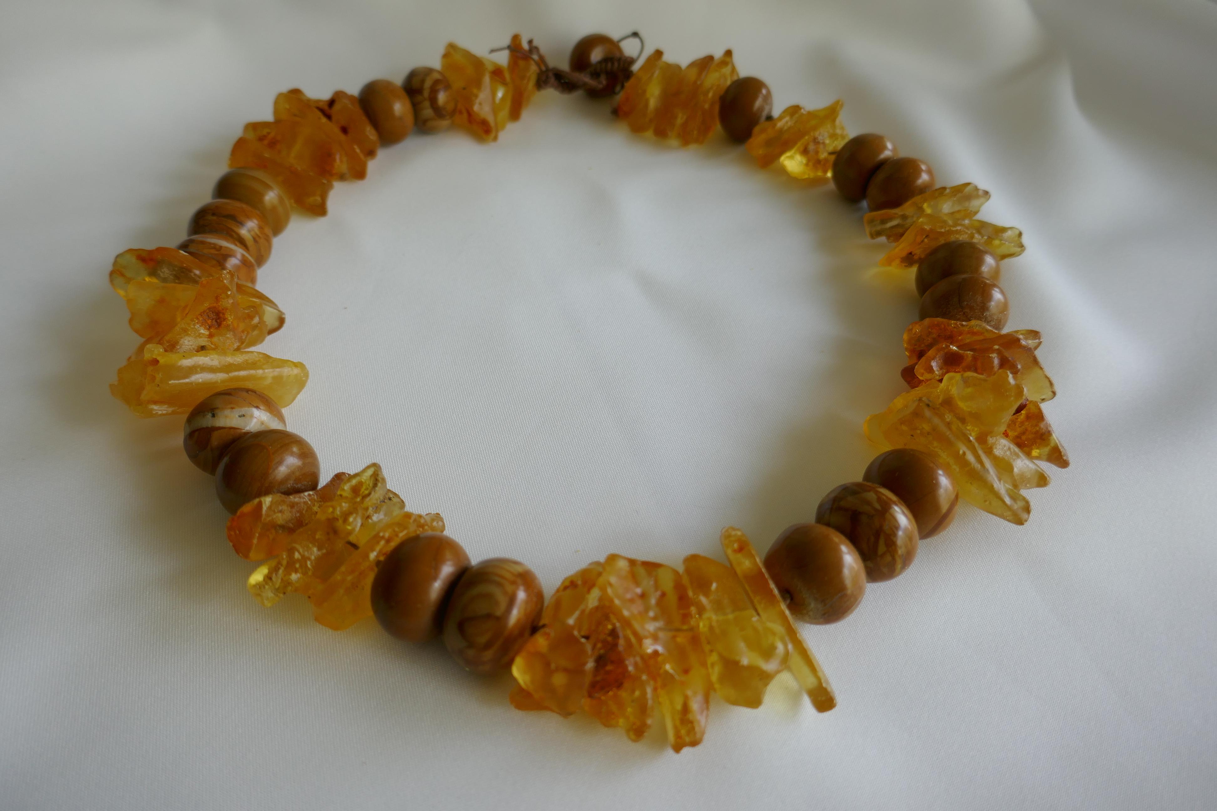 Yellow Amber Chunks Wood Line Jasper Gemstone Necklace For Sale 1