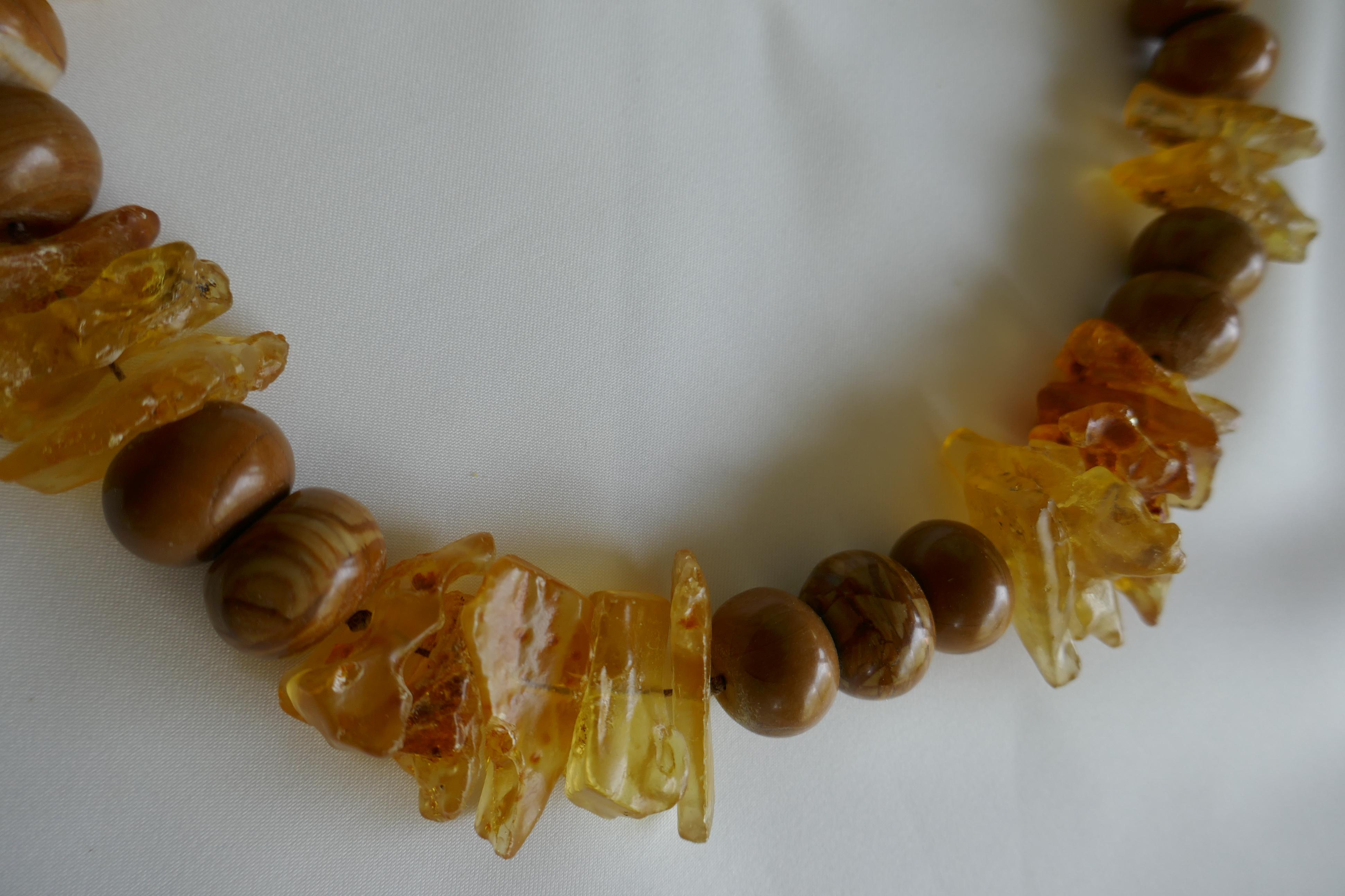 Yellow Amber Chunks Wood Line Jasper Gemstone Necklace For Sale 2