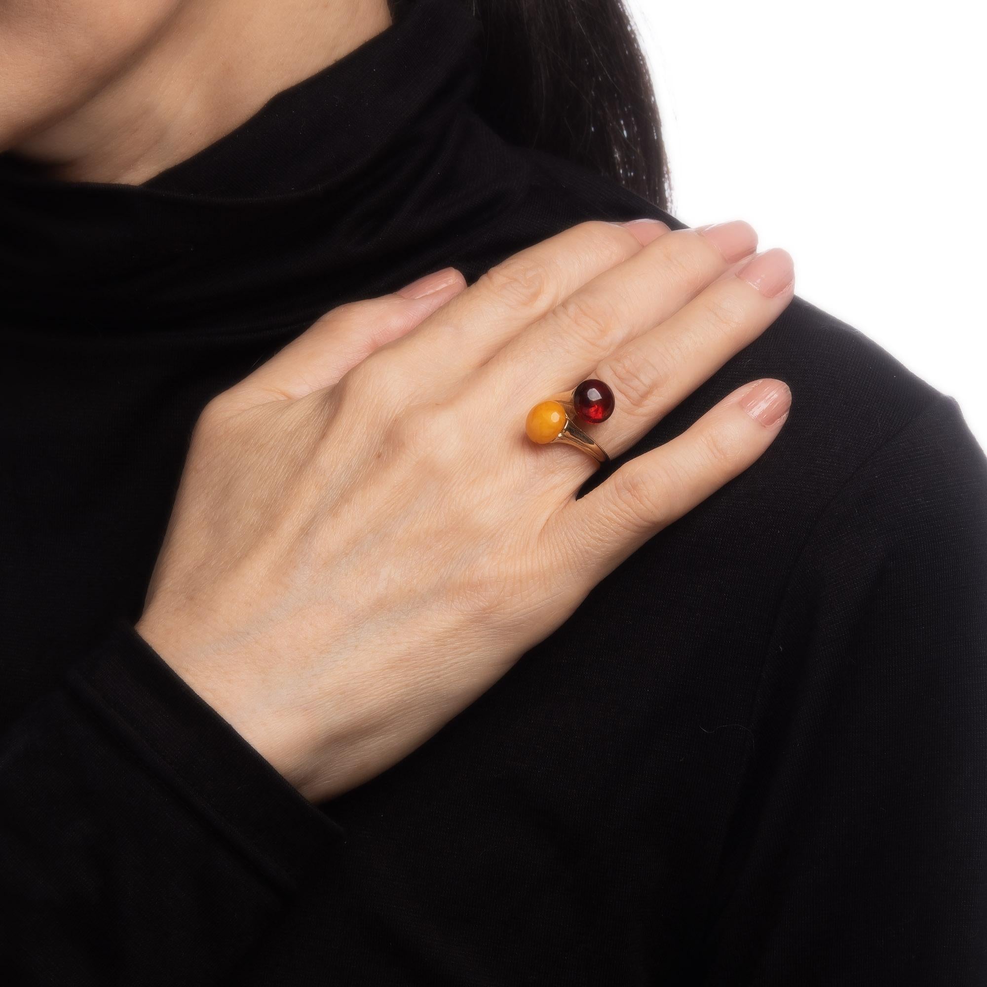 Modern Yellow Amber Ring Toi et Moi 14k Gold Two Stone Bypass Vintage Jewelry 4.5
