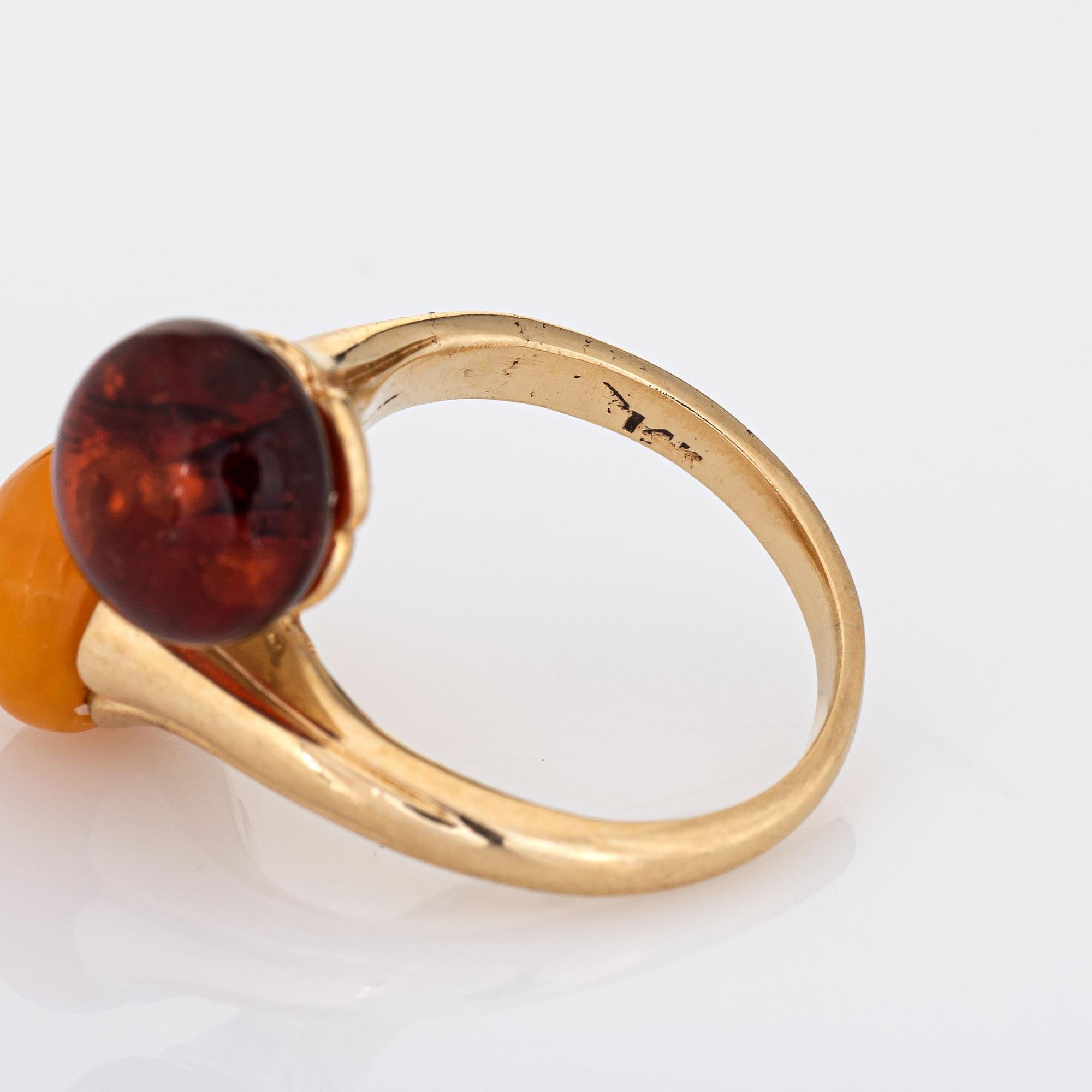 Cabochon Yellow Amber Ring Toi et Moi 14k Gold Two Stone Bypass Vintage Jewelry 4.5 For Sale