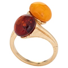 Yellow Amber Ring Toi et Moi 14k Gold Two Stone Bypass Retro Jewelry 4.5