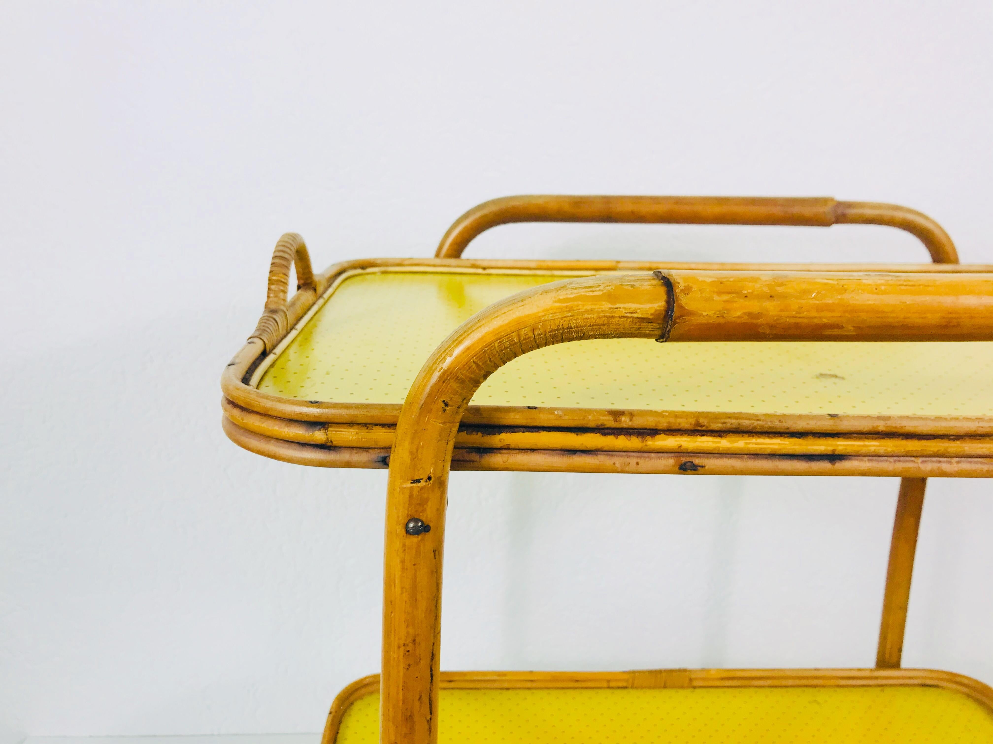 Yellow and Bamboo Bar Cart, Drink Trolley, Germany, 1950s 4