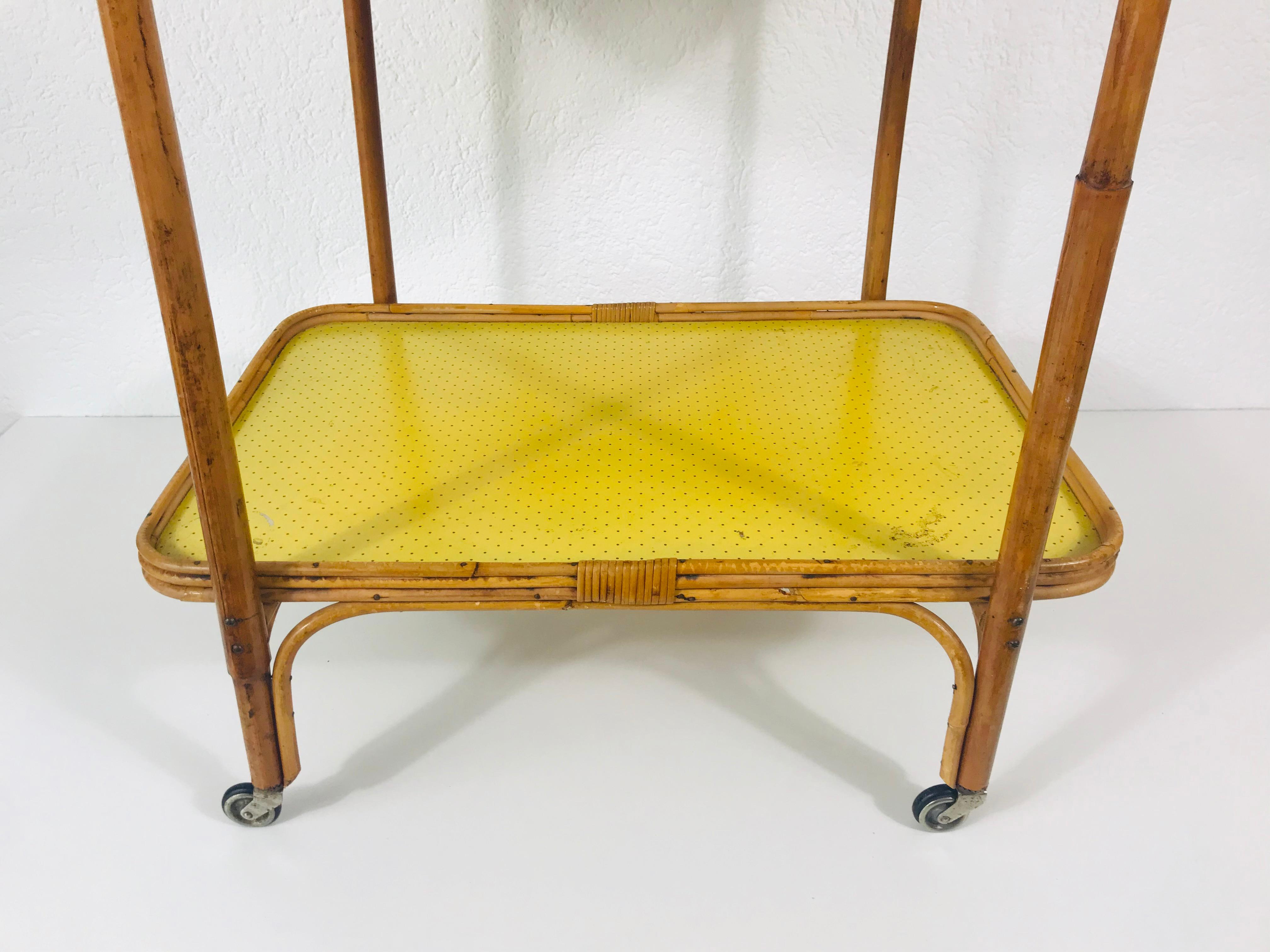 Hollywood Regency Yellow and Bamboo Bar Cart, Drink Trolley, Germany, 1950s