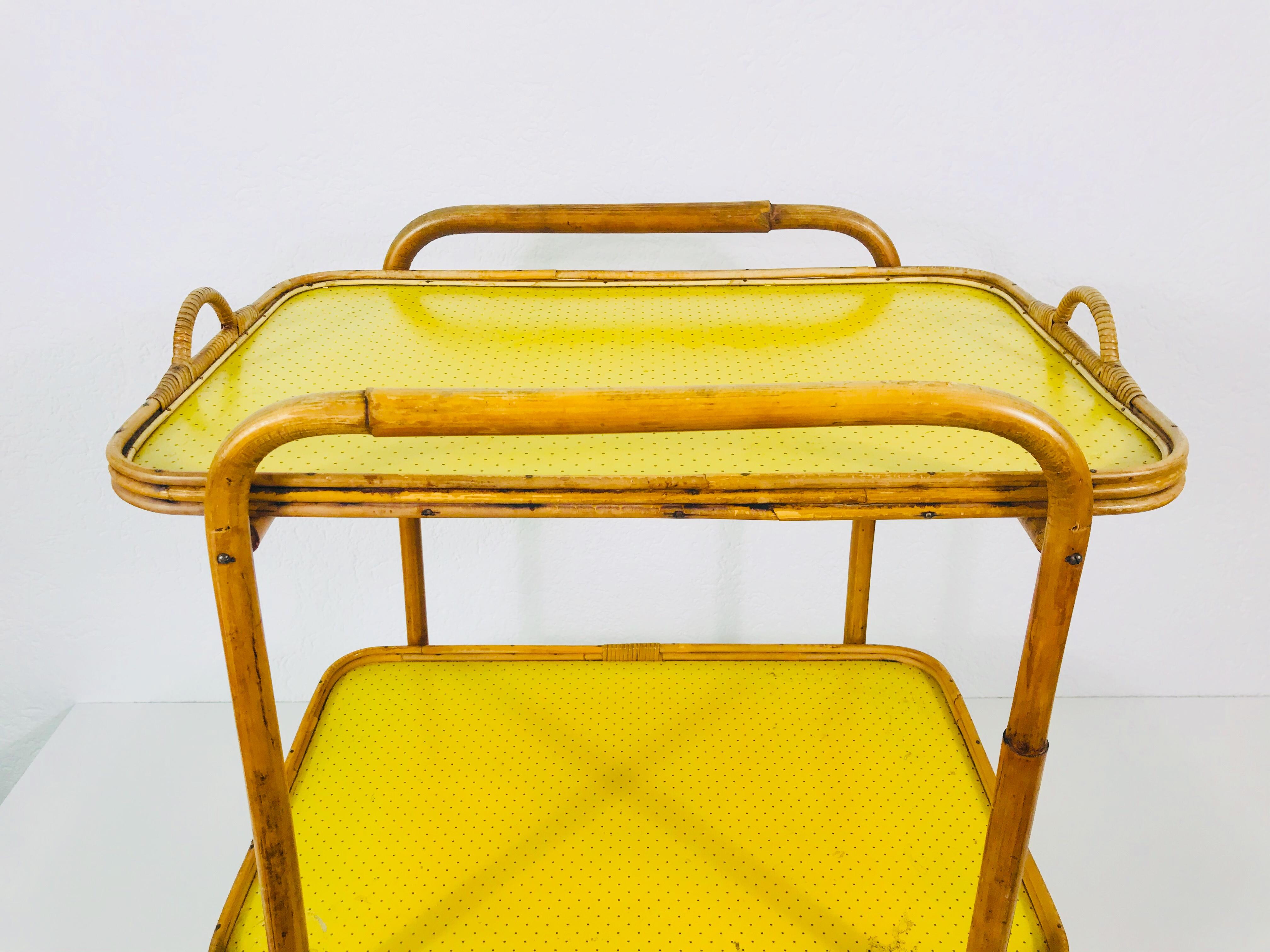 Yellow and Bamboo Bar Cart, Drink Trolley, Germany, 1950s In Good Condition In Hagenbach, DE