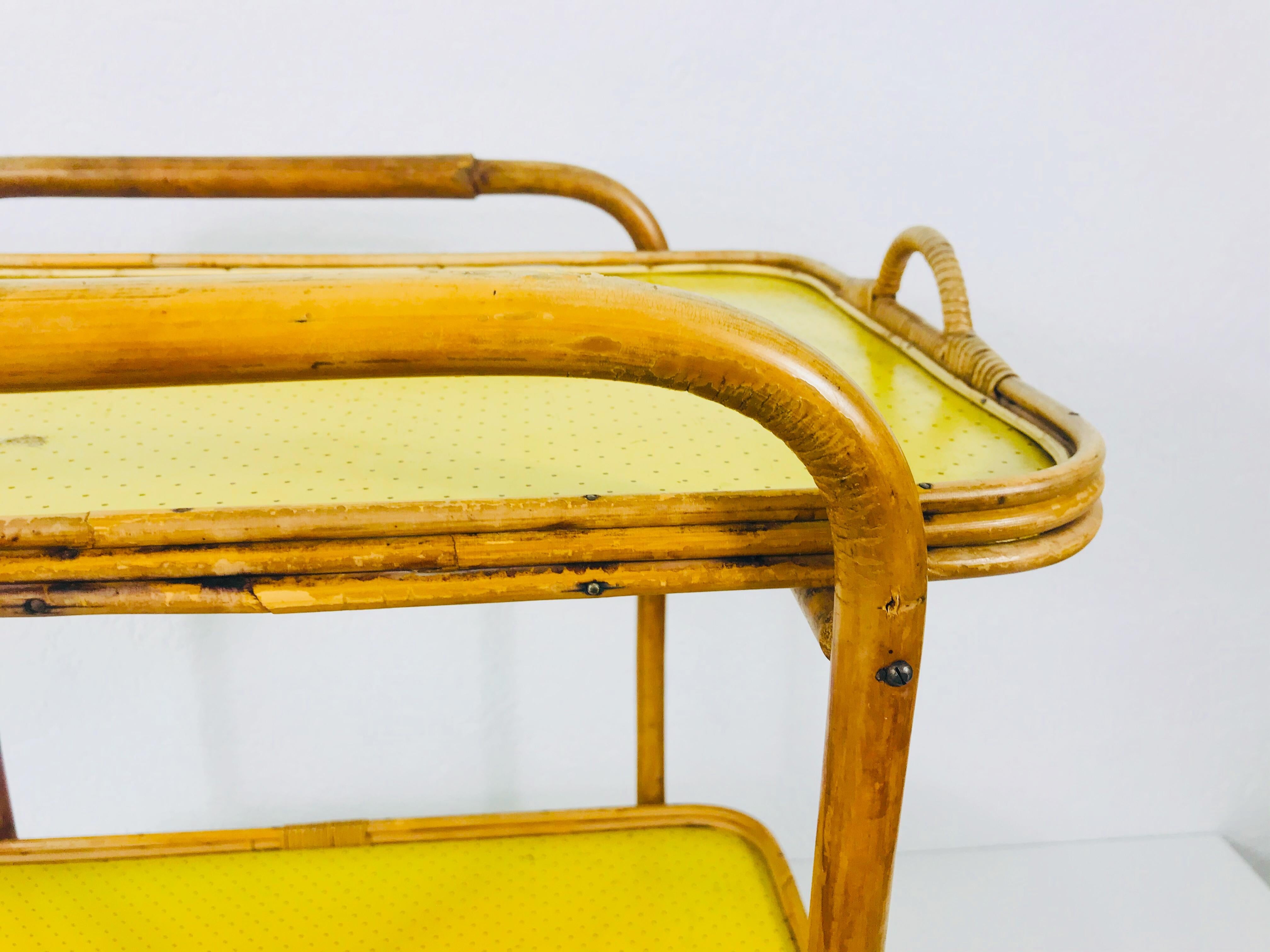 Yellow and Bamboo Bar Cart, Drink Trolley, Germany, 1950s 3