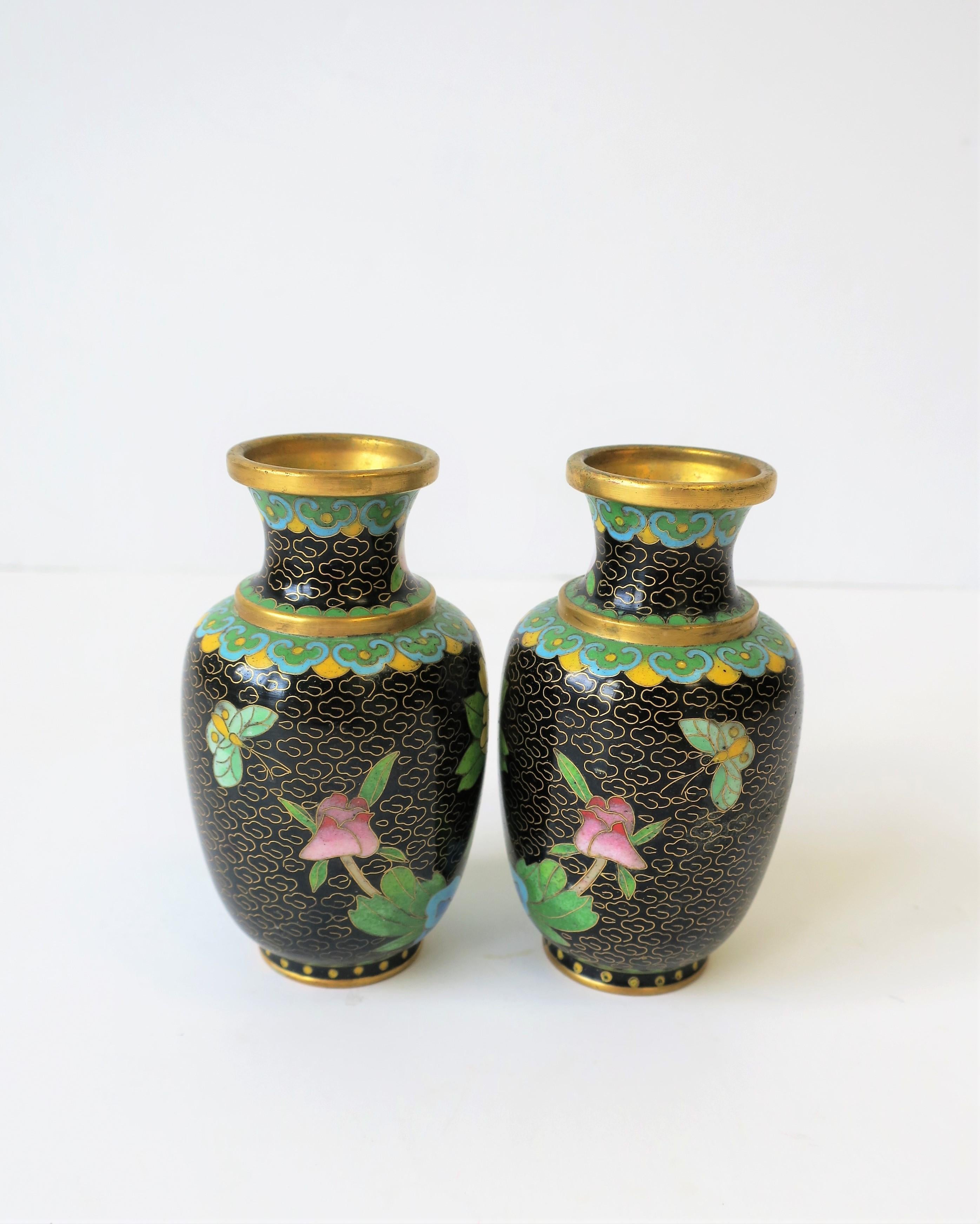 Yellow Green Black Asian Cloisonné and Brass Vases, Pair For Sale 4