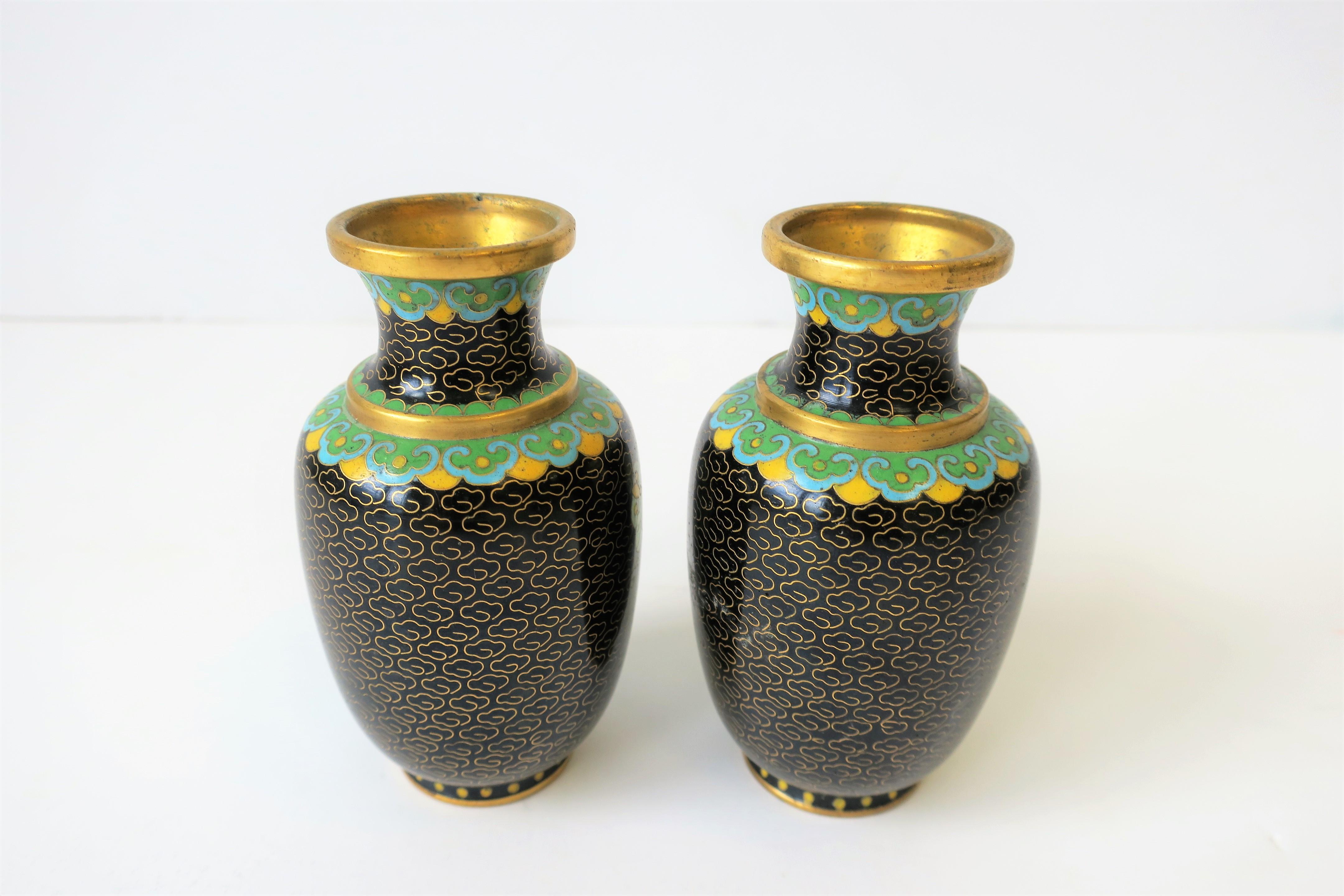 Yellow Green Black Asian Cloisonné and Brass Vases, Pair For Sale 5