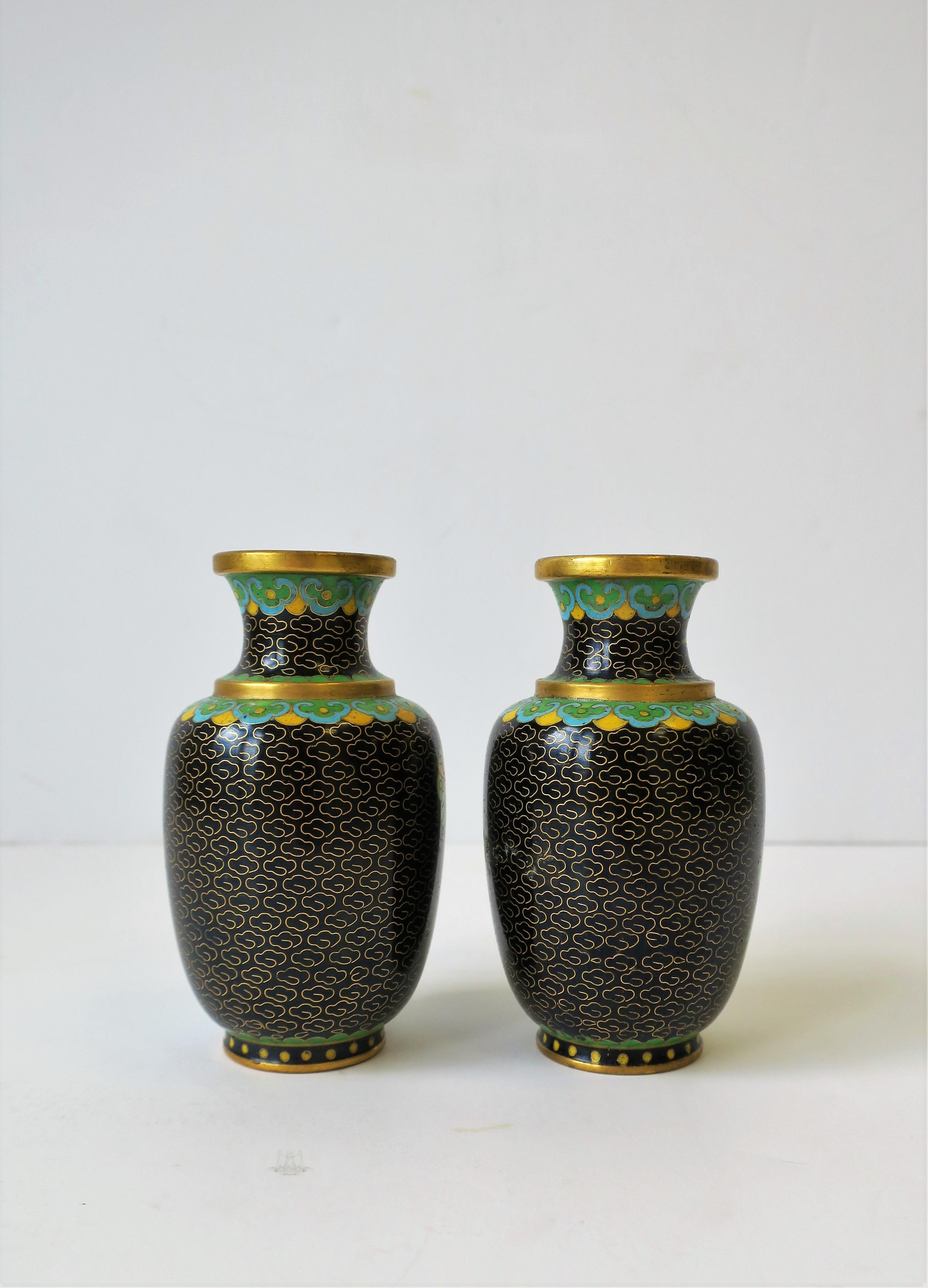 Yellow Green Black Asian Cloisonné and Brass Vases, Pair For Sale 6