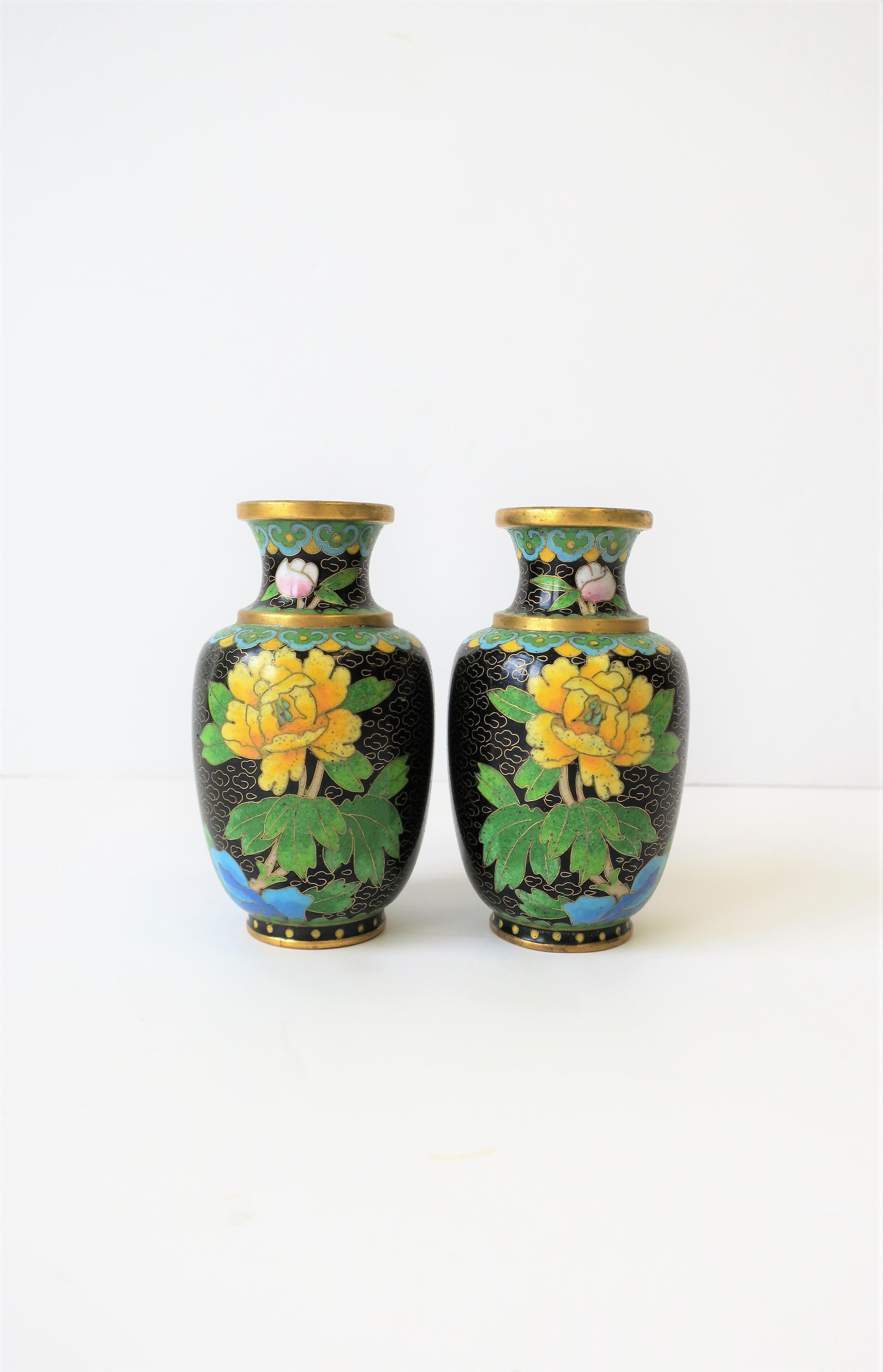 Chinese Yellow Green Black Asian Cloisonné and Brass Vases, Pair For Sale