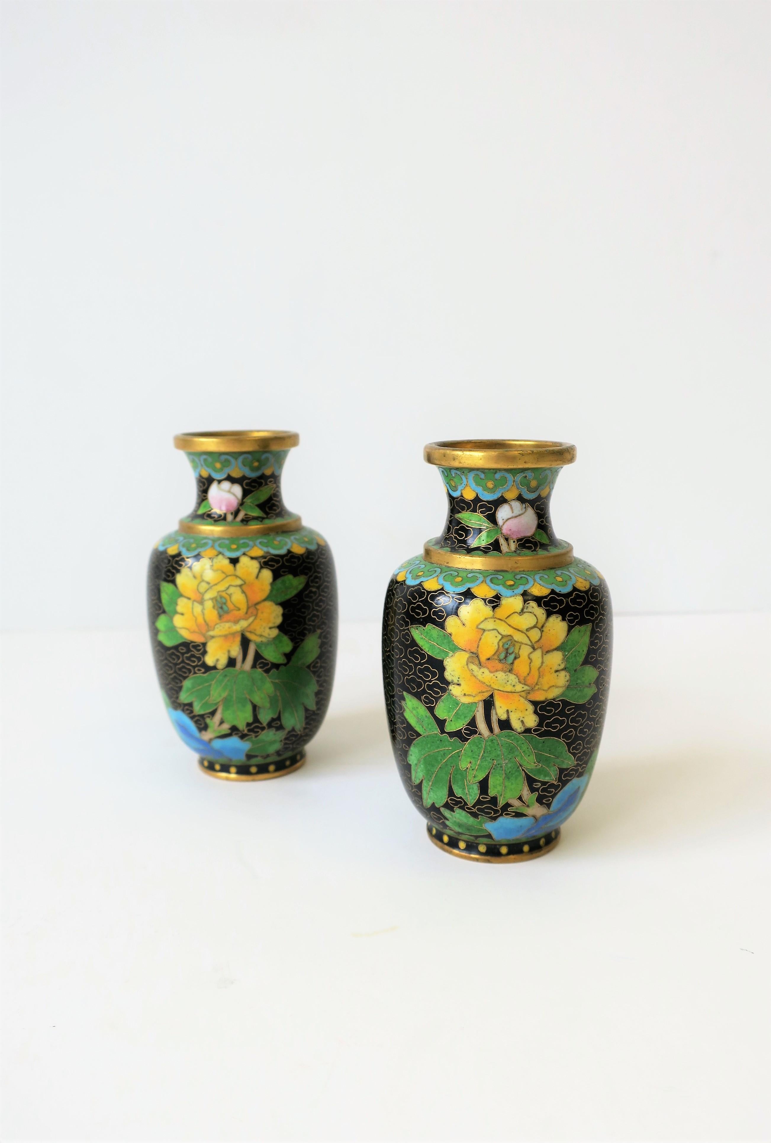 Cloissoné Yellow Green Black Asian Cloisonné and Brass Vases, Pair For Sale