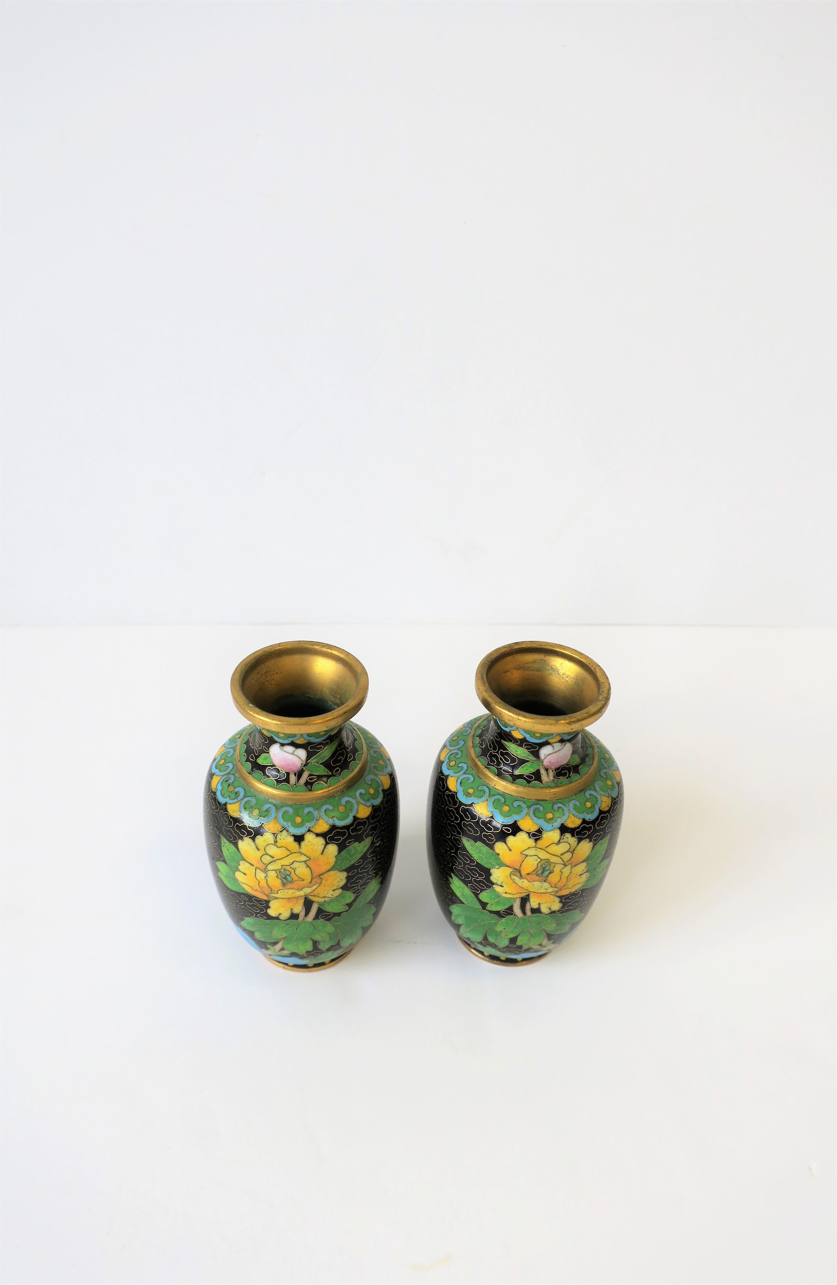 Yellow Green Black Asian Cloisonné and Brass Vases, Pair In Good Condition For Sale In New York, NY