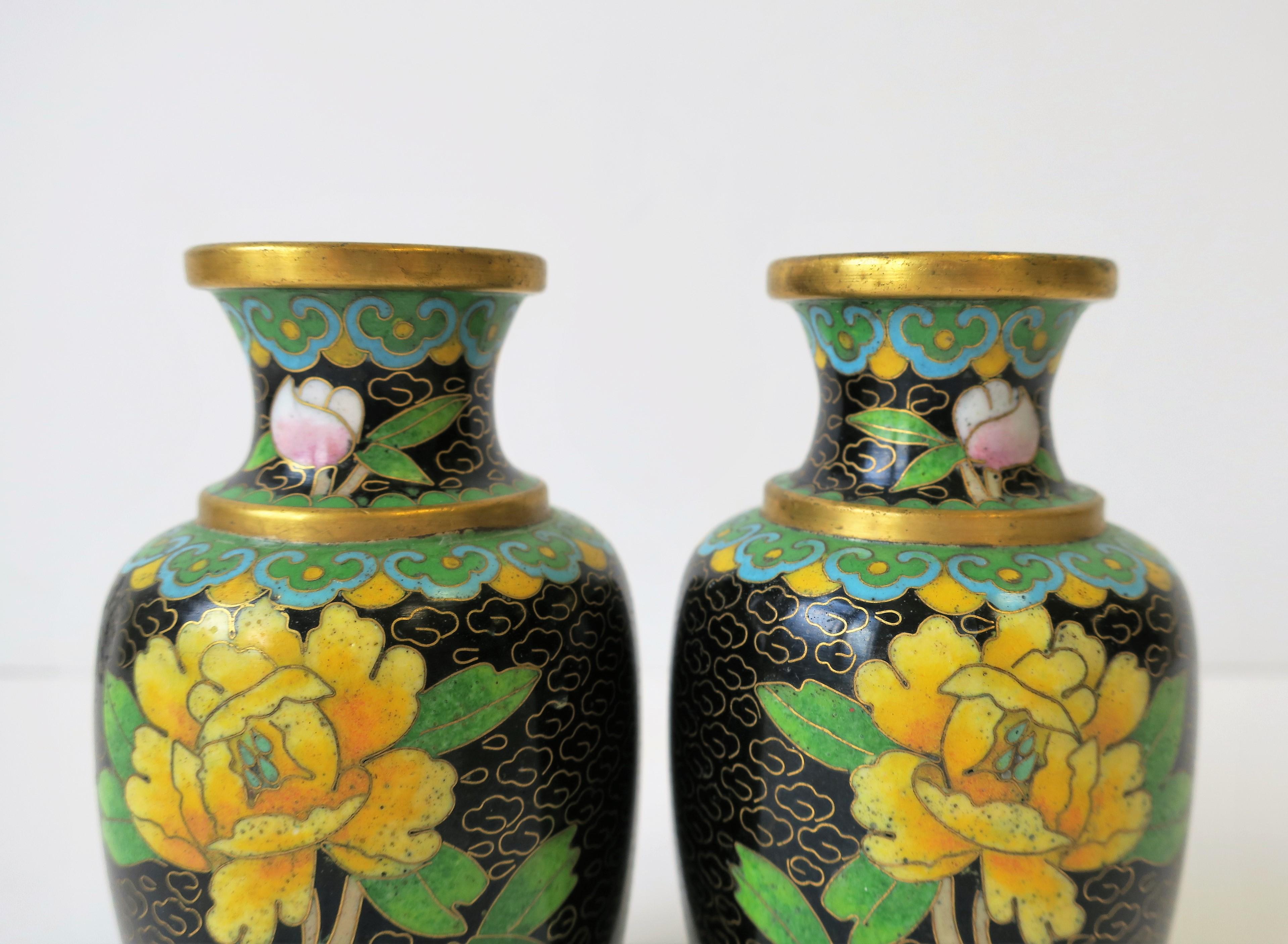 20th Century Yellow Green Black Asian Cloisonné and Brass Vases, Pair For Sale