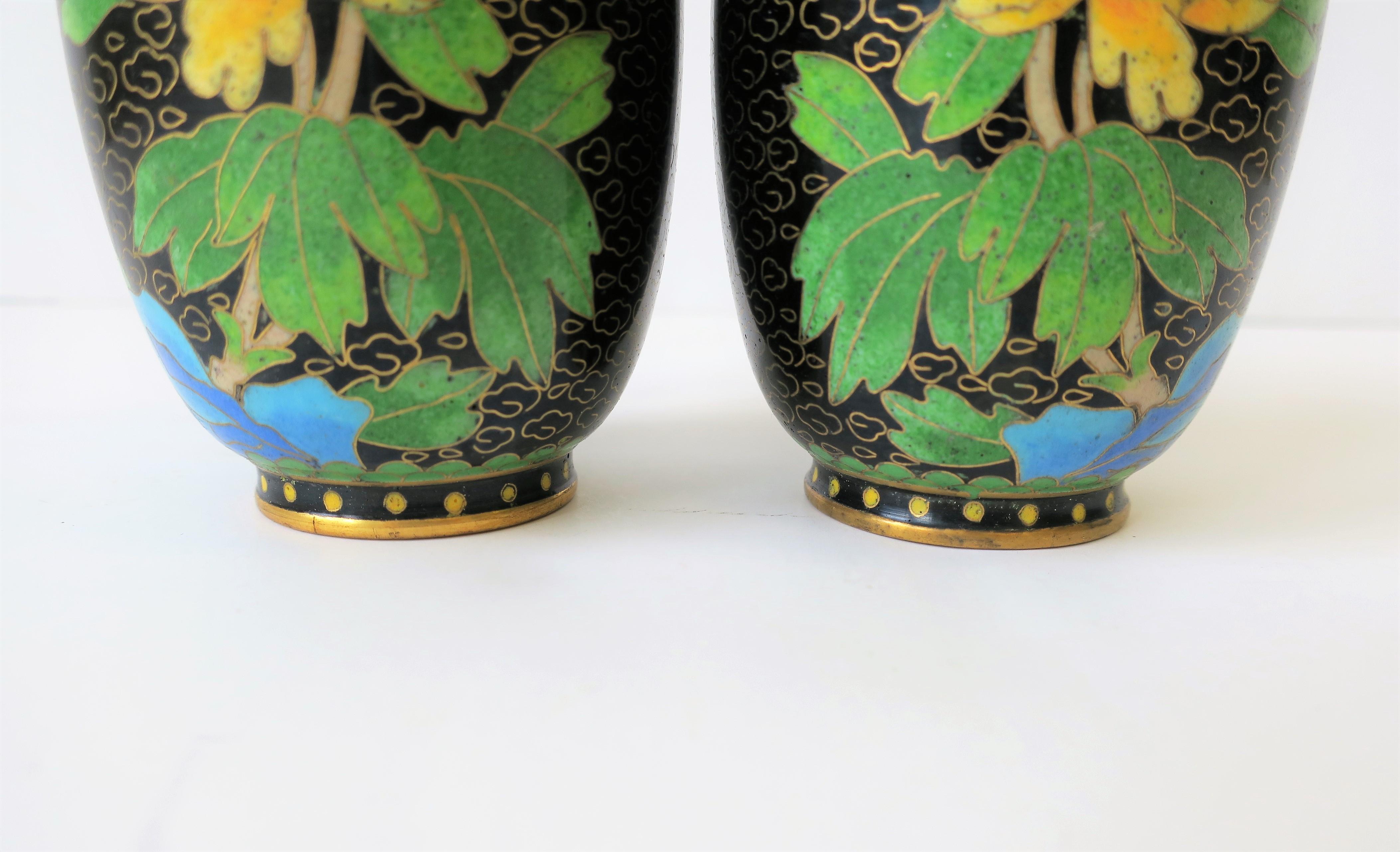 Yellow Green Black Asian Cloisonné and Brass Vases, Pair For Sale 1