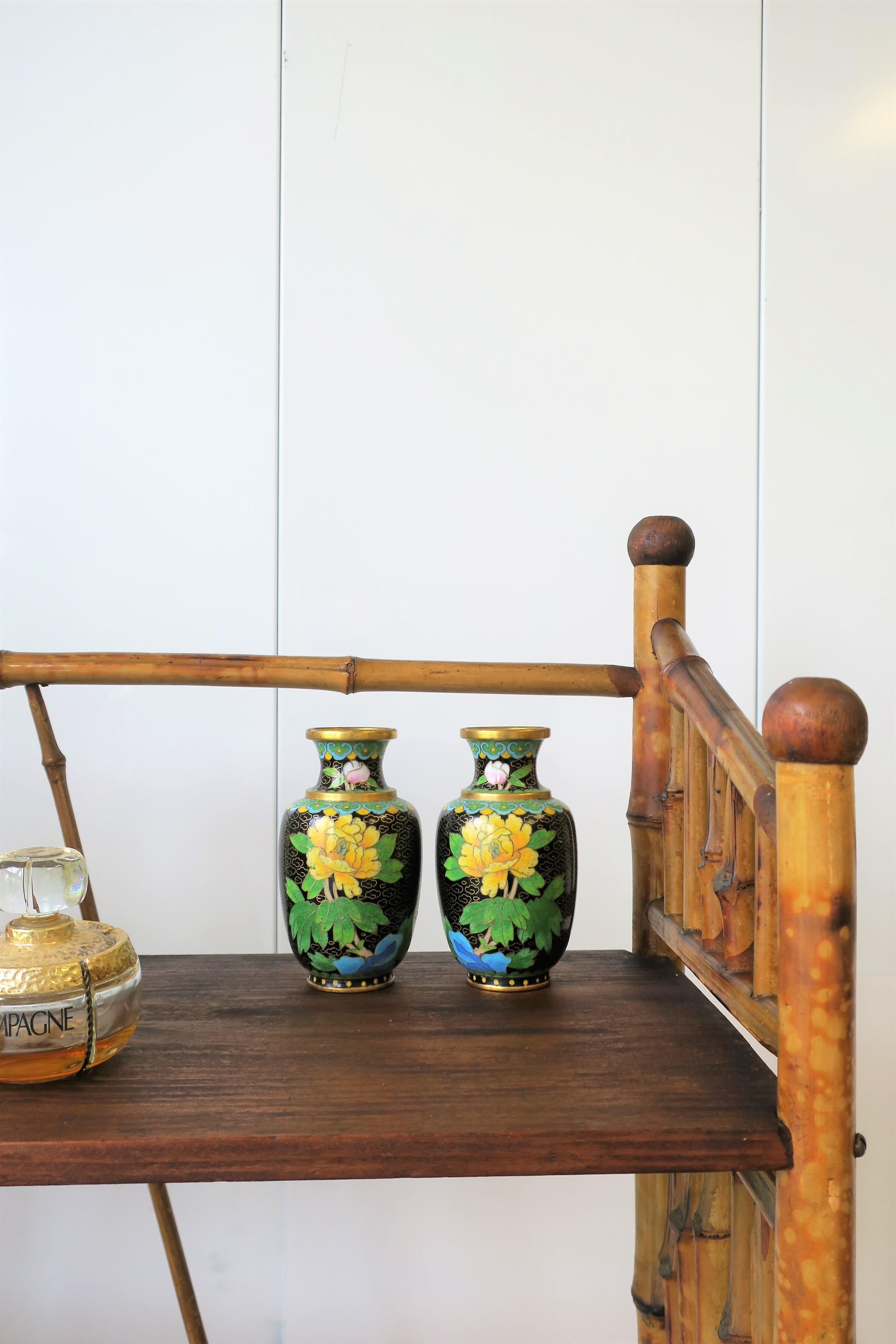 Yellow Green Black Asian Cloisonné and Brass Vases, Pair For Sale 3