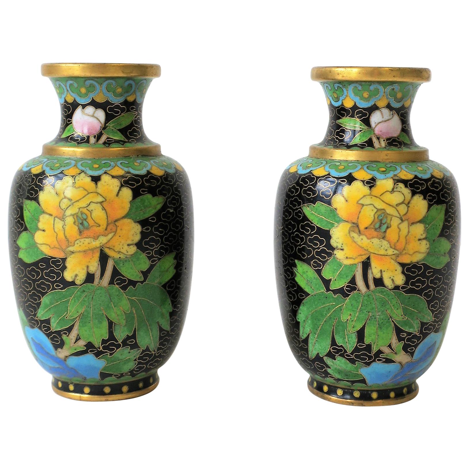 Black and Yellow Asian Cloisonné and Brass Vases, a Pair