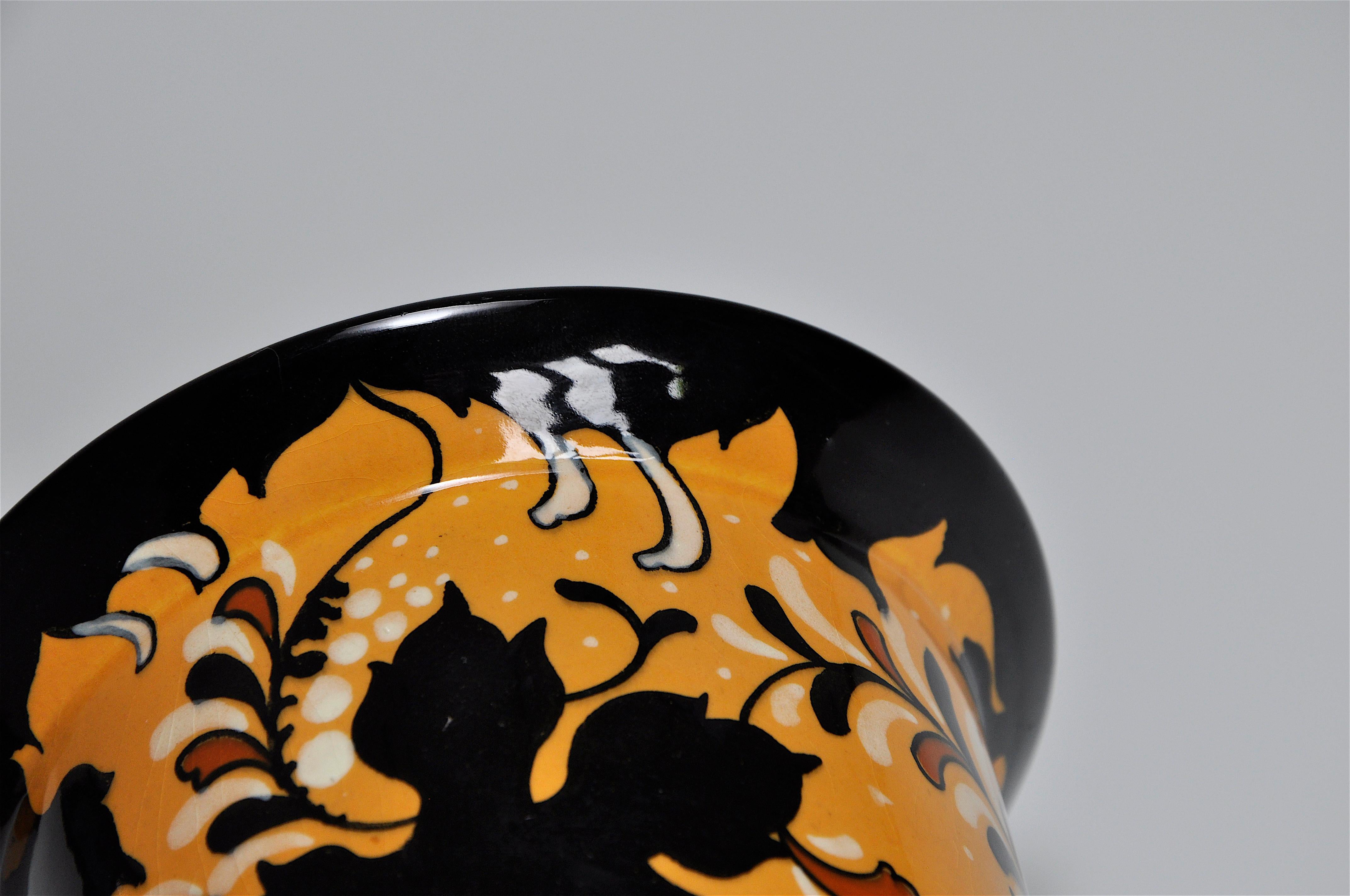 Unknown Yellow and Black Floral Dutch Gouda Art Nouveau Regina Pottery Ceramic Pot Vase