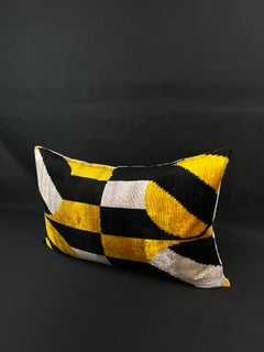 Yellow and Black Velvet Silk Ikat Pillow Cover