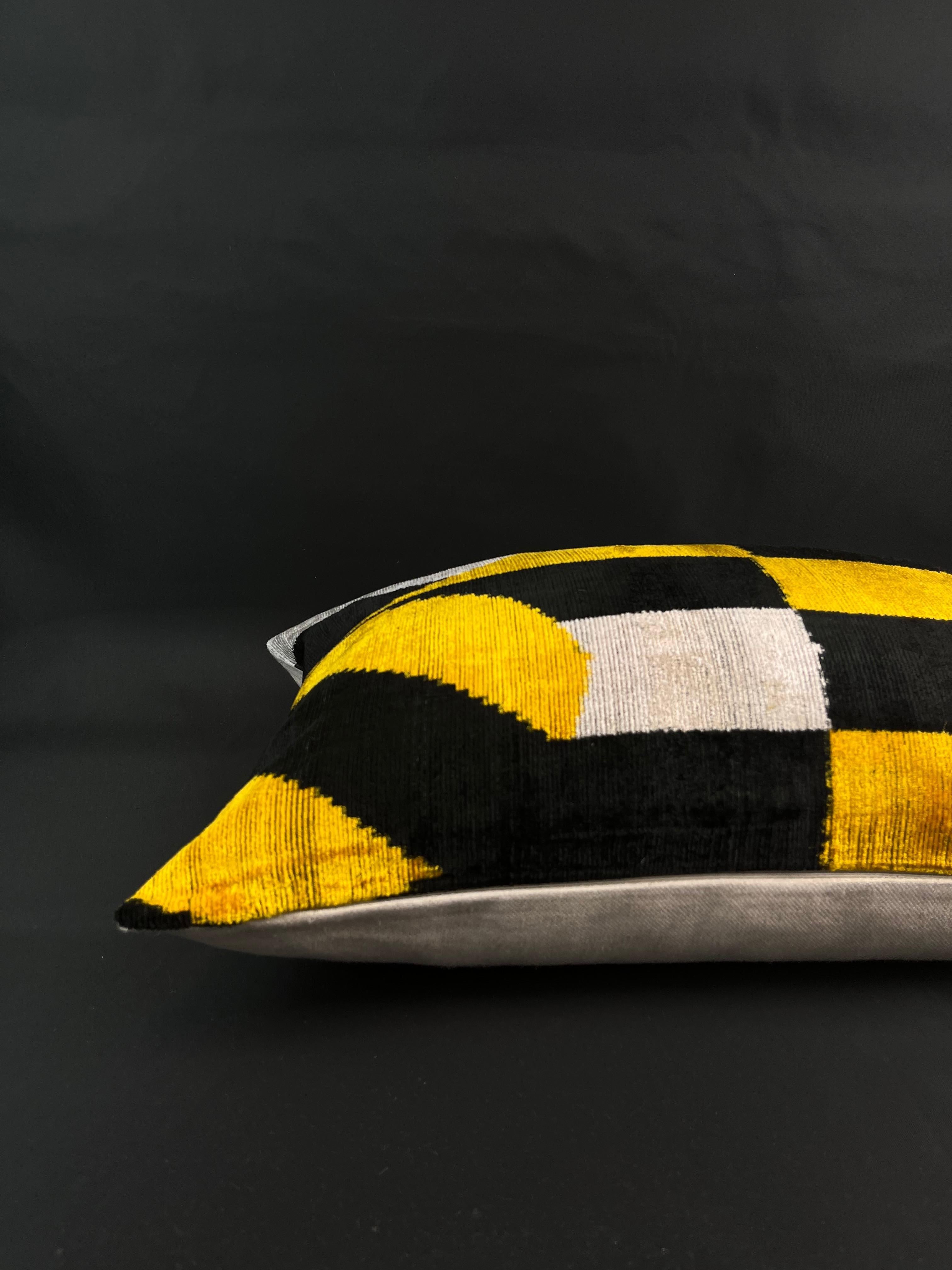 Turkish Yellow and Black Velvet Silk Ikat Pillow Cover For Sale