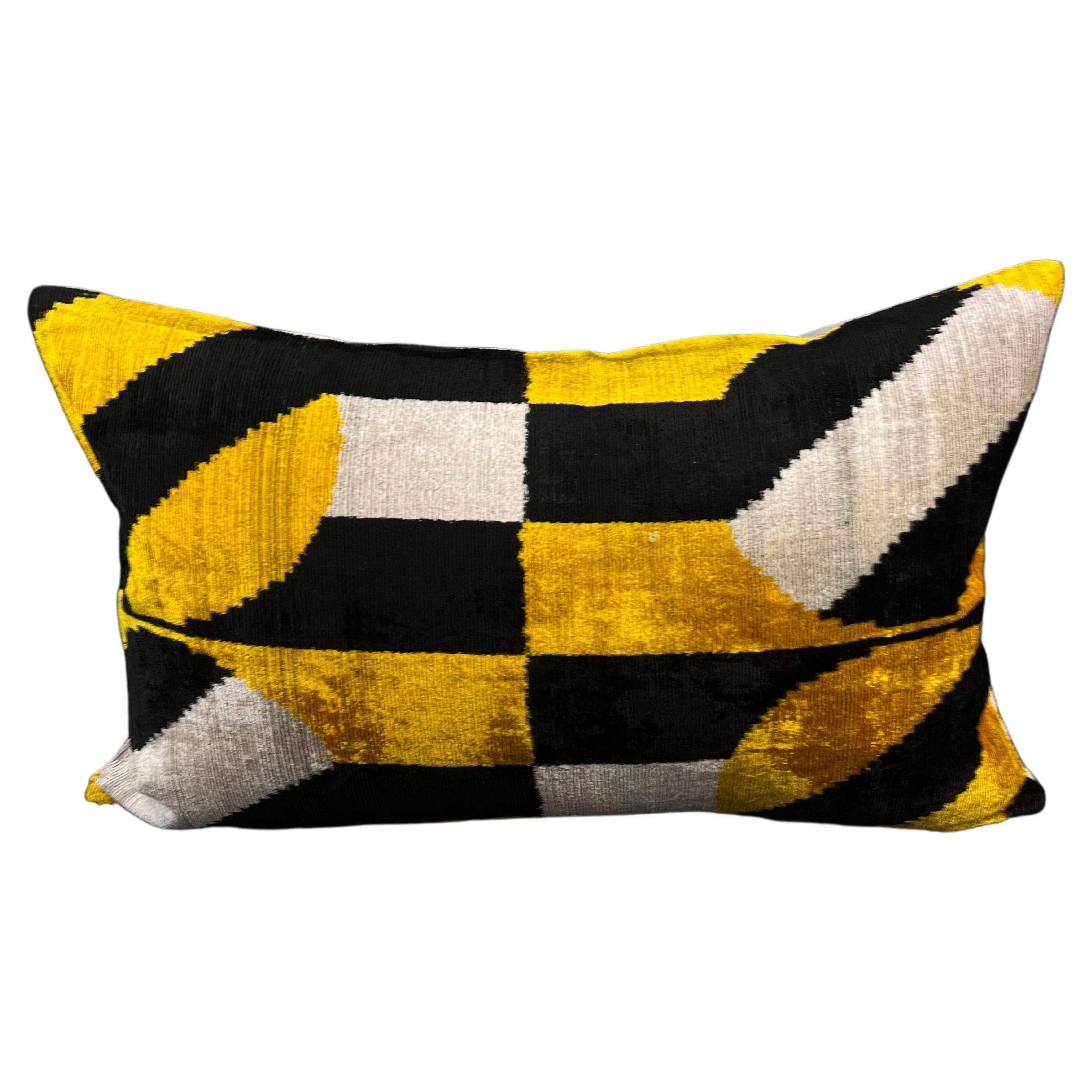 Yellow and Black Velvet Silk Ikat Pillow Cover For Sale
