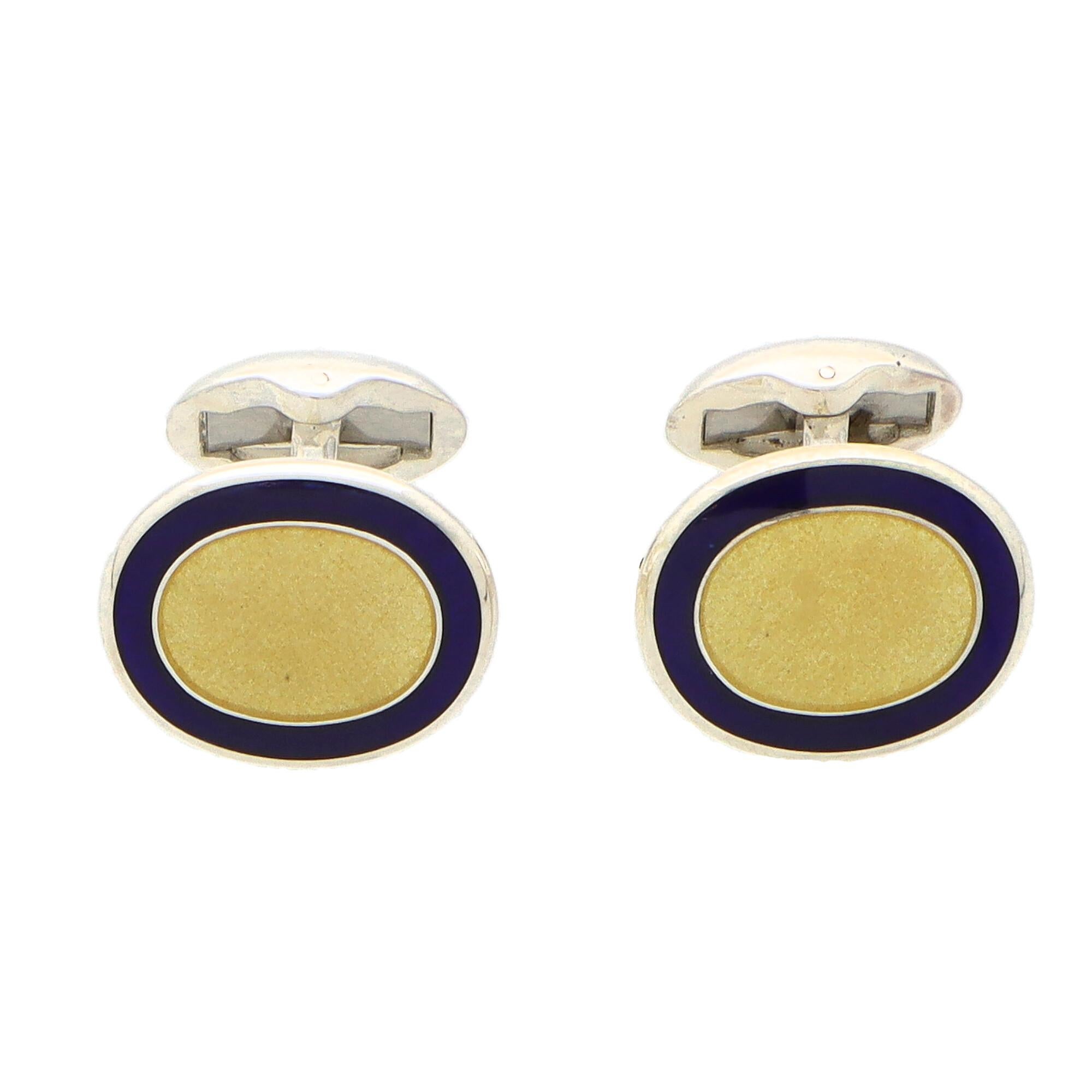 Modern Yellow and Blue Enamel Swivel Back Cufflinks in British Sterling Silver For Sale