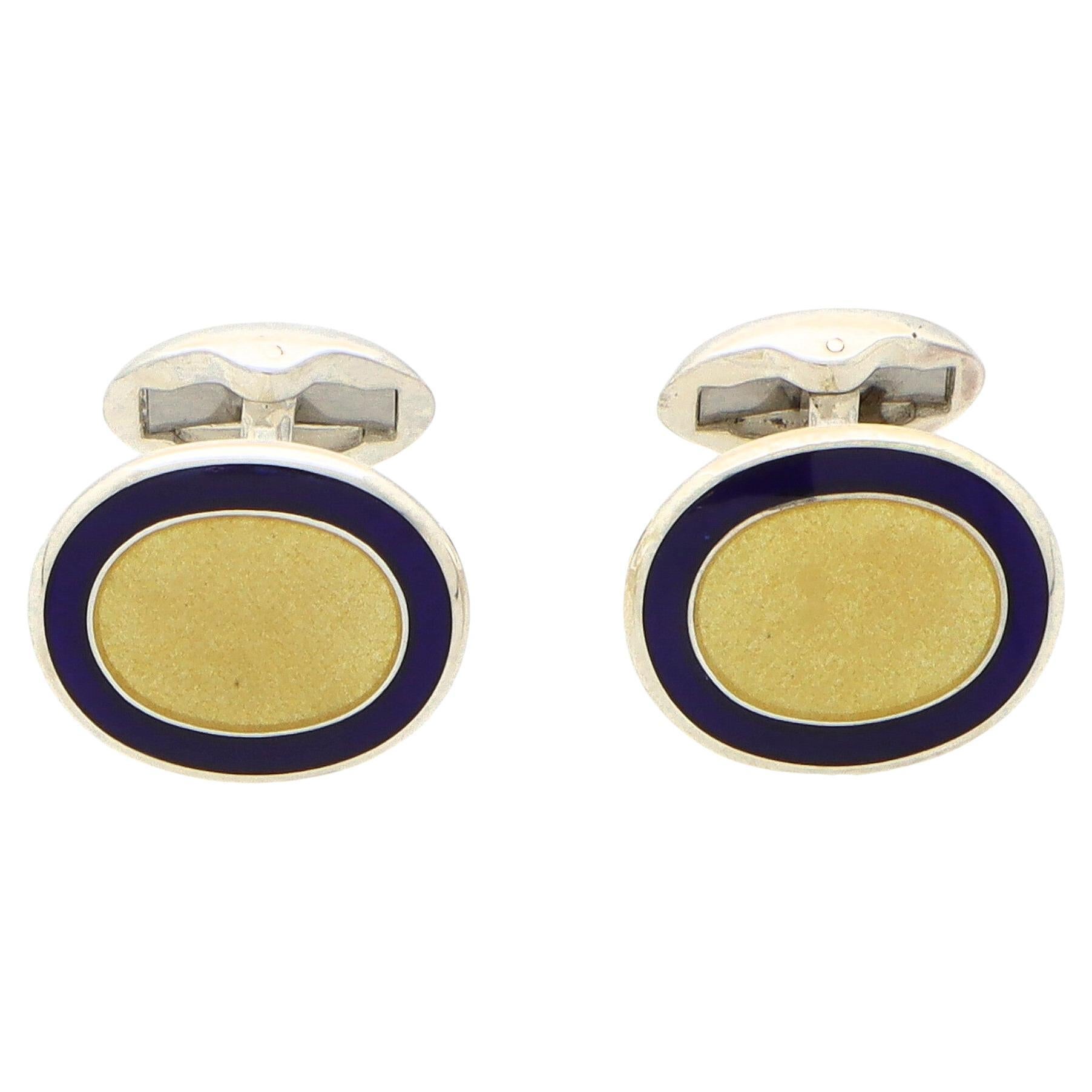 Yellow and Blue Enamel Swivel Back Cufflinks in British Sterling Silver For Sale