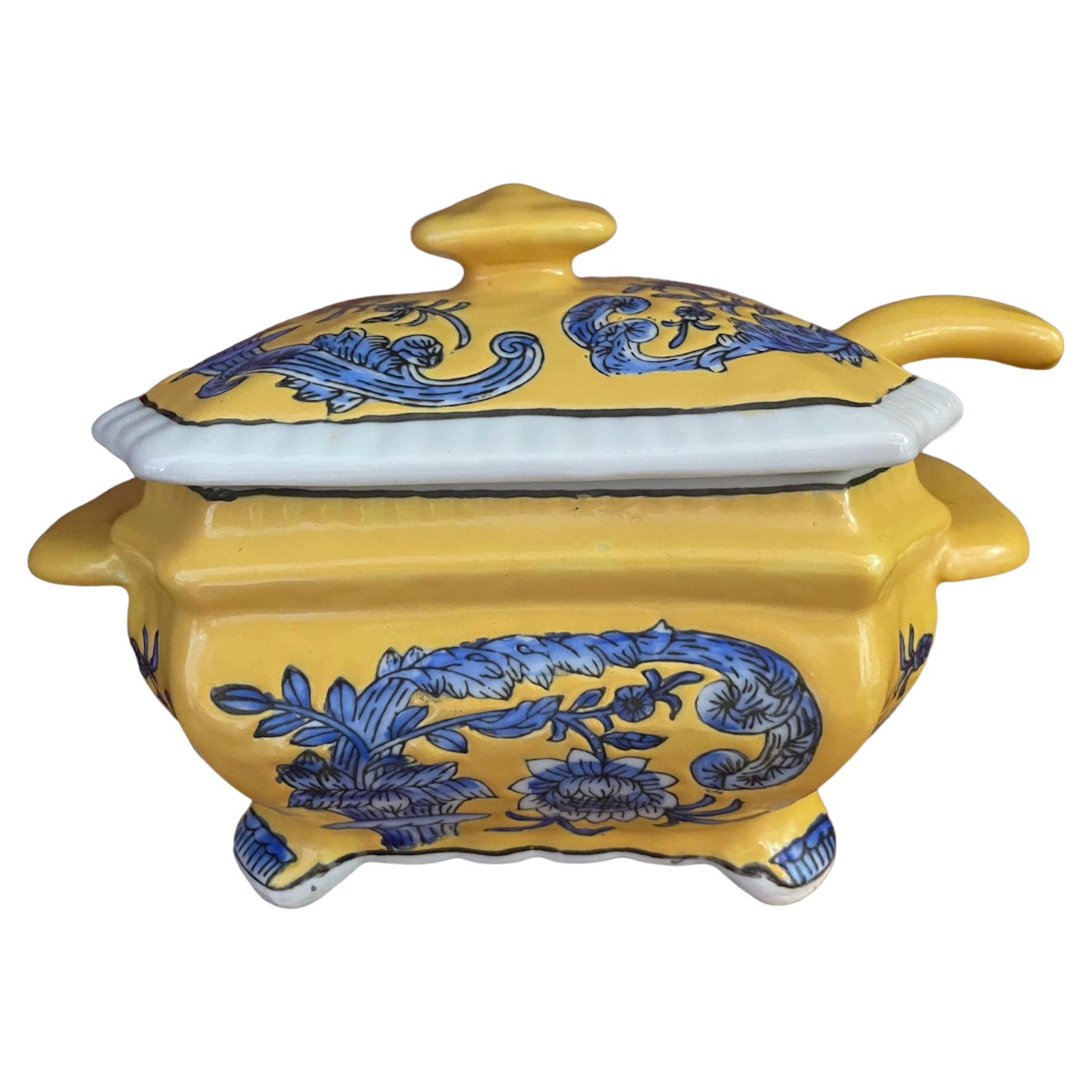 Yellow and Blue Floral Gravy-Soup Tureen