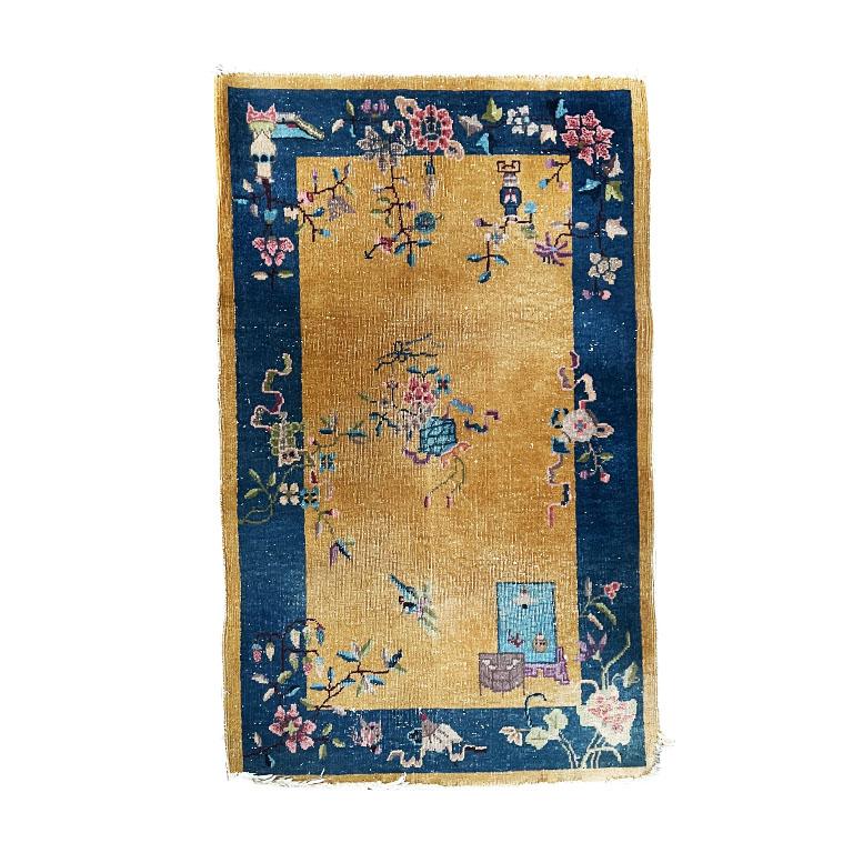 Yellow and Blue Floral Rectangular Chinoiserie Art Deco Rug after Nichols 1920s For Sale 2