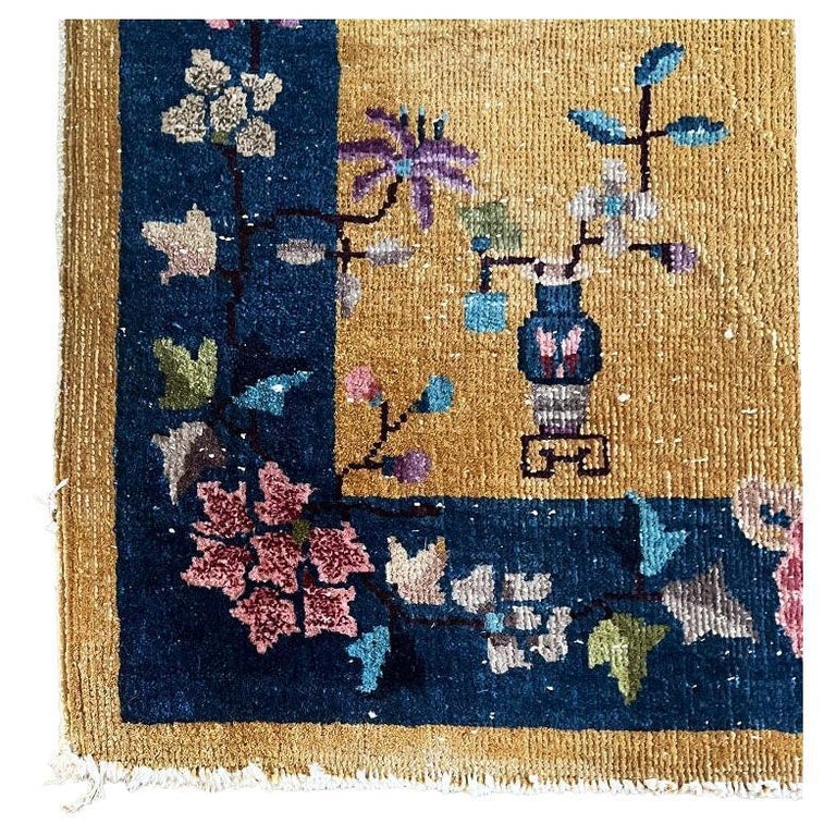 Chinese Yellow and Blue Floral Rectangular Chinoiserie Art Deco Rug after Nichols 1920s For Sale