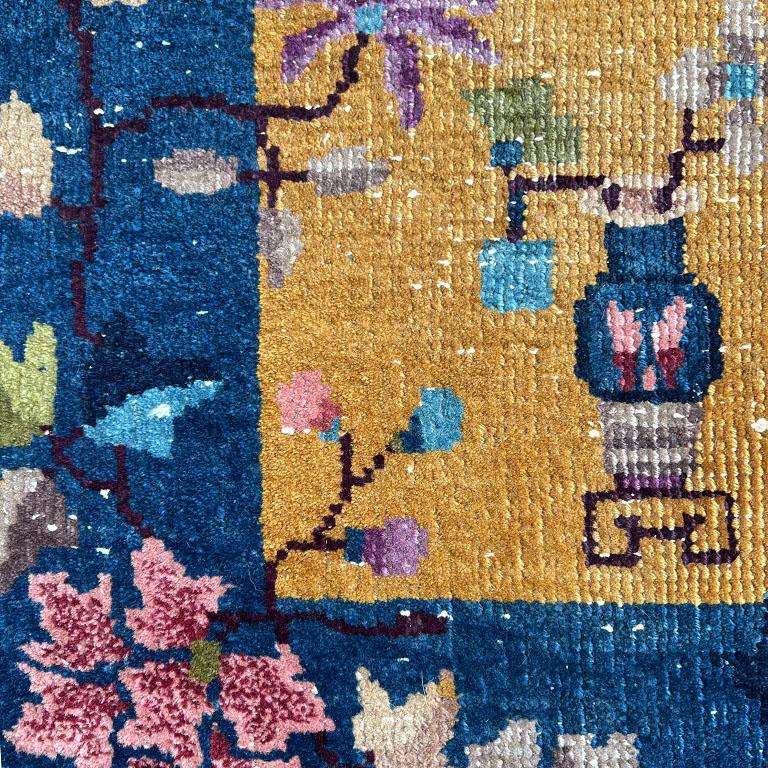 Yellow and Blue Floral Rectangular Chinoiserie Art Deco Rug after Nichols 1920s In Good Condition For Sale In Oklahoma City, OK