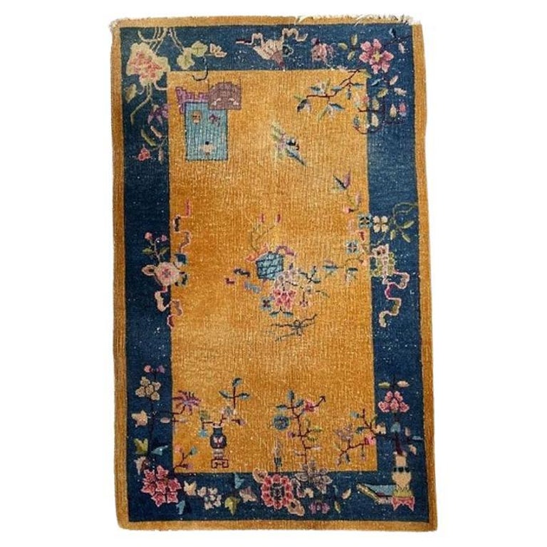Yellow and Blue Floral Rectangular Chinoiserie Art Deco Rug after Nichols 1920s For Sale