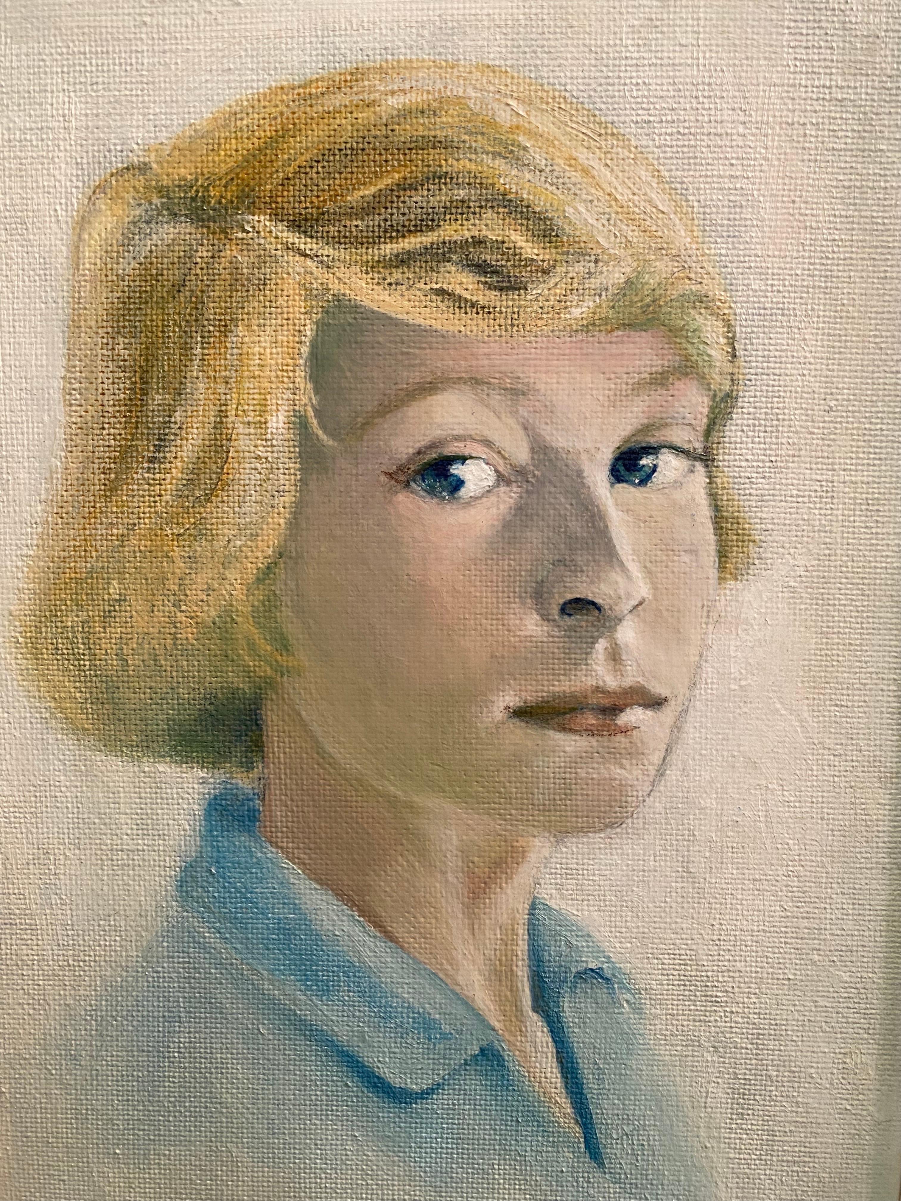 Mid-Century Modern Yellow and Blue Mid-century Portrait of a Young Woman, 1960s For Sale